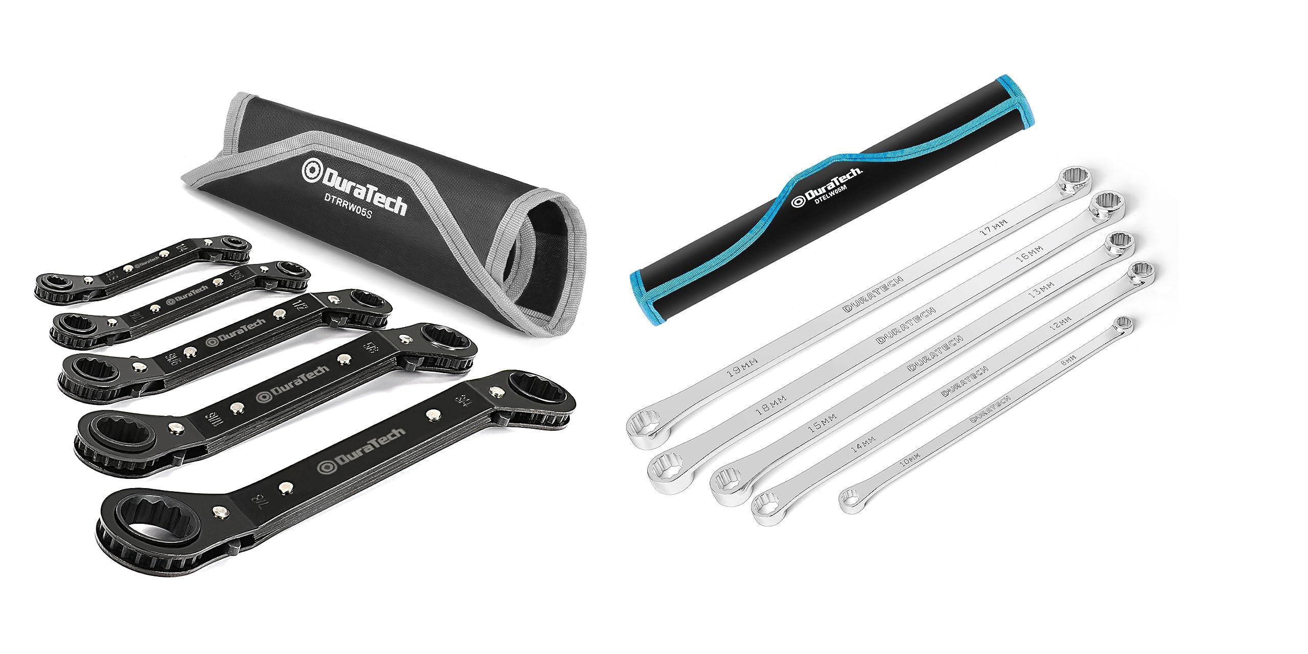 DURATECH 5 Pc Double Offset Box End Reversible Ratcheting Wrench Set&5-Piece 0 Degree Offset Extra Long Wrench Set