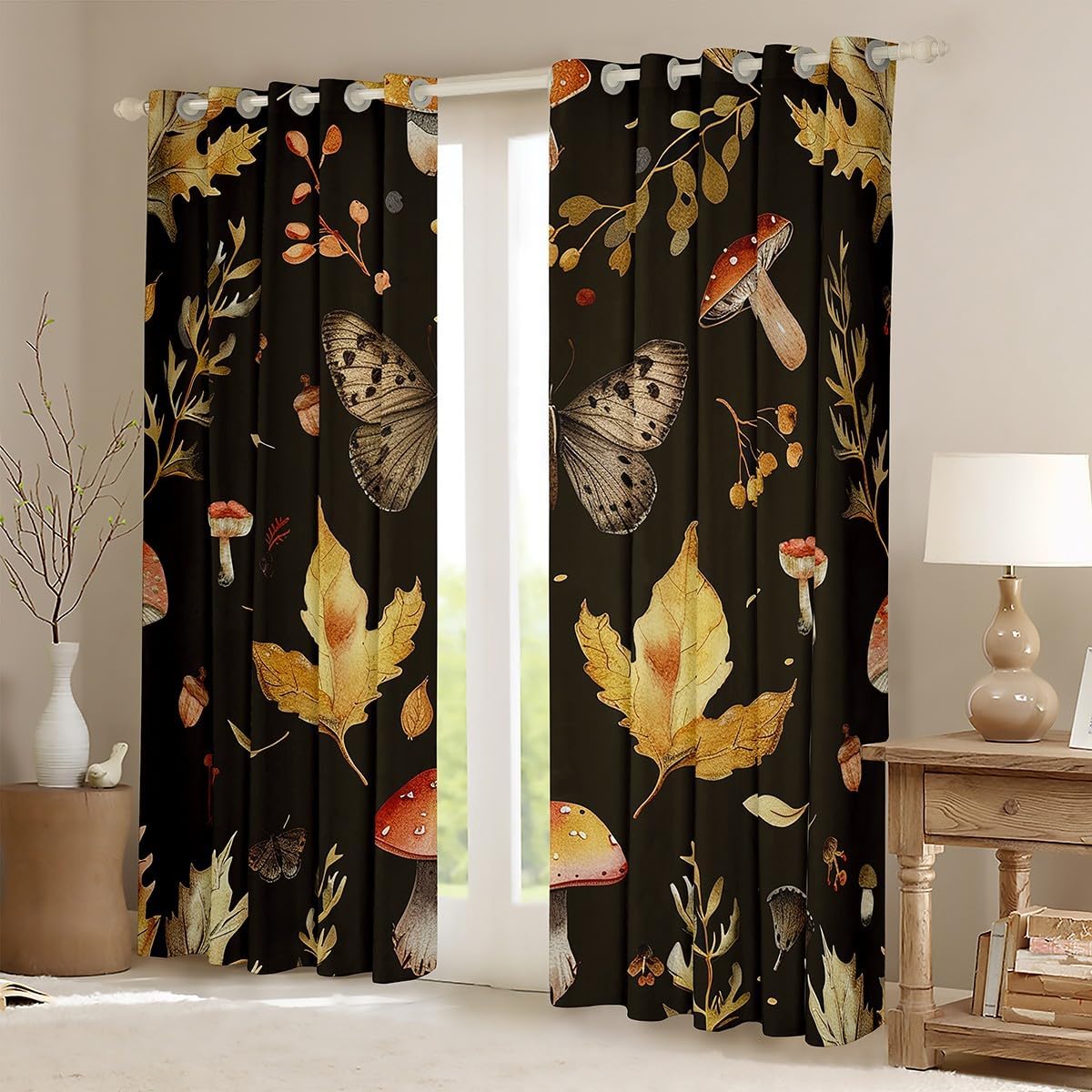 Castle Fairy Fall Theme Curtains for Living Room,Mushroom Butterfly Maple Leaves Window Drapes Bedroom Blackout 30%-50%,Botanical Garden Plants Window Treatment Grommet Top 2 Panels Decor,38Wx45L