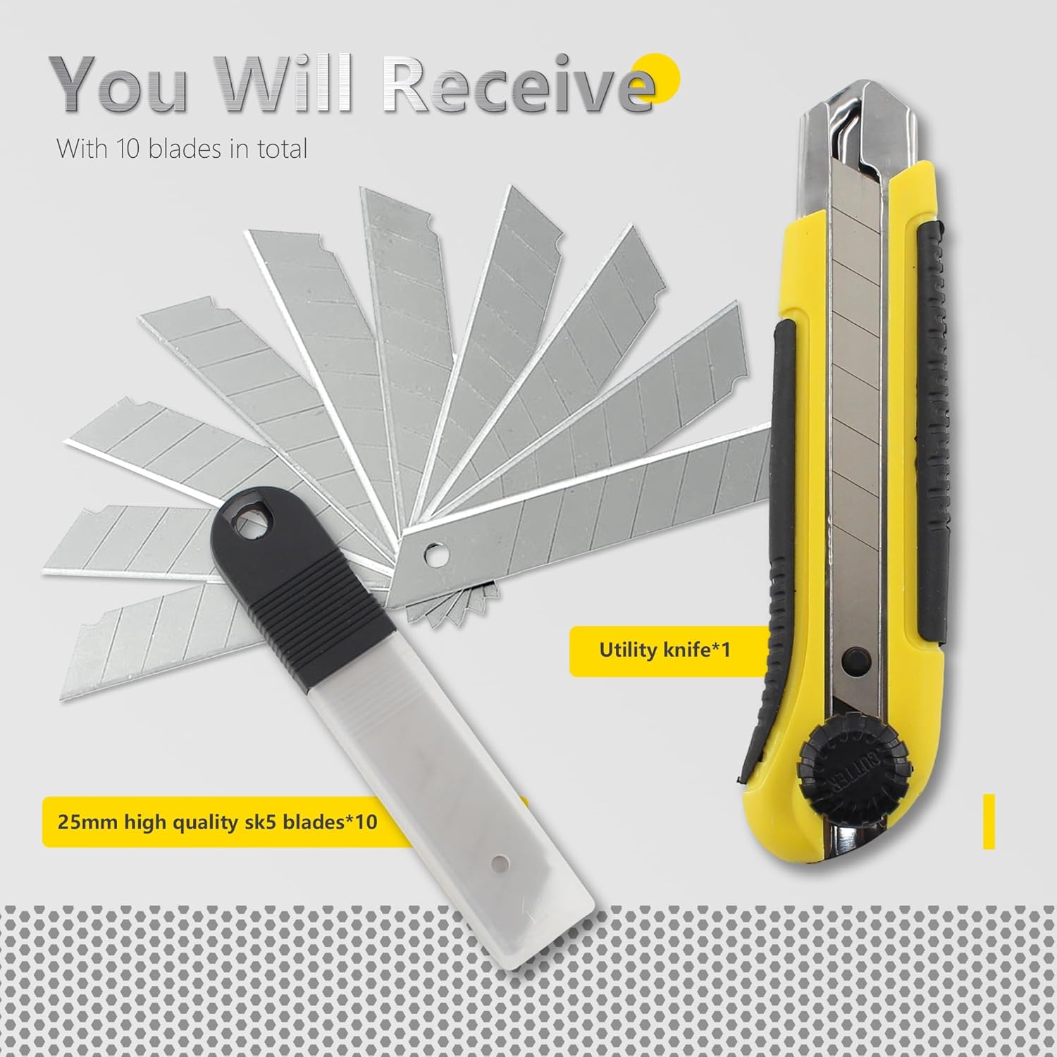 Heavy Duty 25mm Utility Knife, 10pcs SK5 Snap-Off Blades, Locking Retractable Box Cutter with Rubber Anti-Slip Grip, for Cardboard, Boxes, Paper, Leather, DIY Crafts, Home, Office