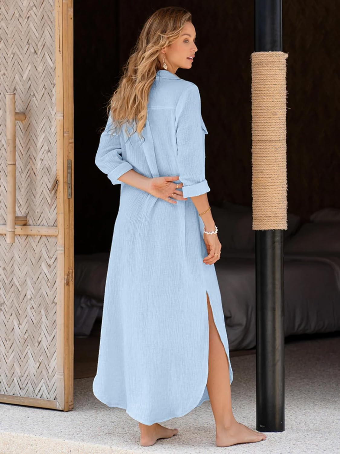 Breezy Lane Beach Cover Up for Women Long Cotton Shirt Dress Swimsuit Coverup for Vacation