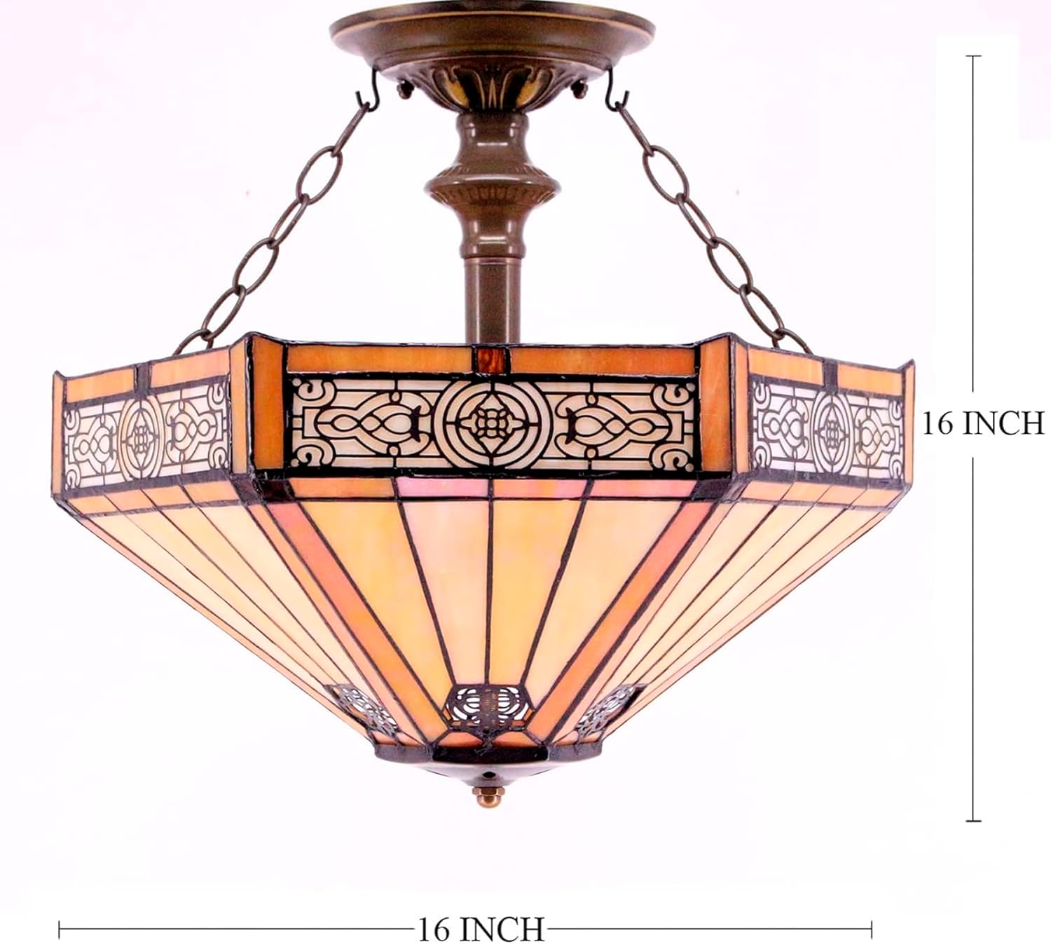WERFACTORY Tiffany Ceiling Light Fixture Yellow Hexagon Stained Glass Mission Semi Flush Mount Lamp Wide 16 Inch Height 15 Inch Tiffany Ceiling Lamp S011 Series