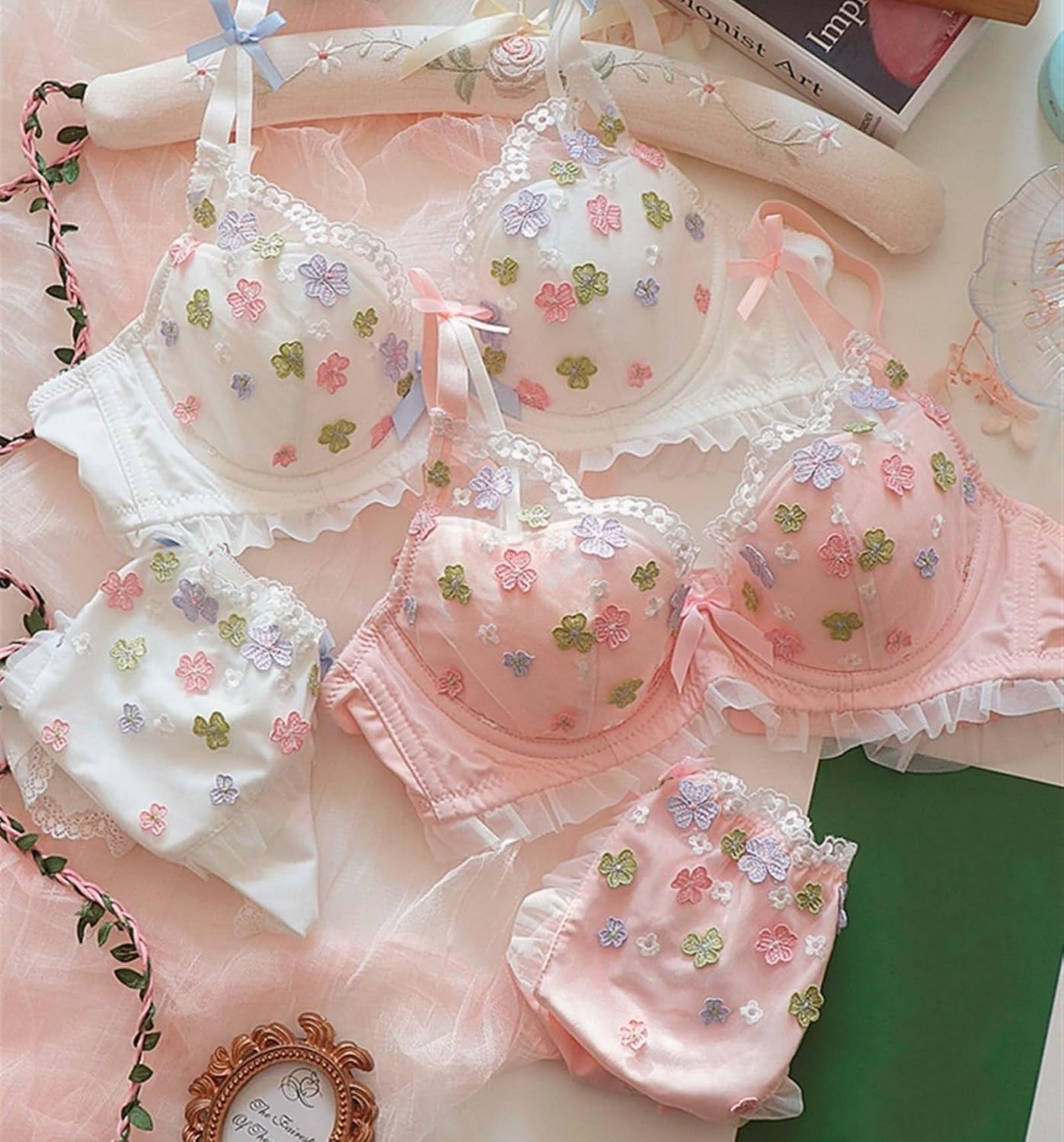 オンナノコ利沢サイズシタギセット-set愛愛しいアマイロリータ-Lolita競走カラフルナシシュウハナブラジャー-brassiere婀娜ナブルーマース(シロイ,80E)