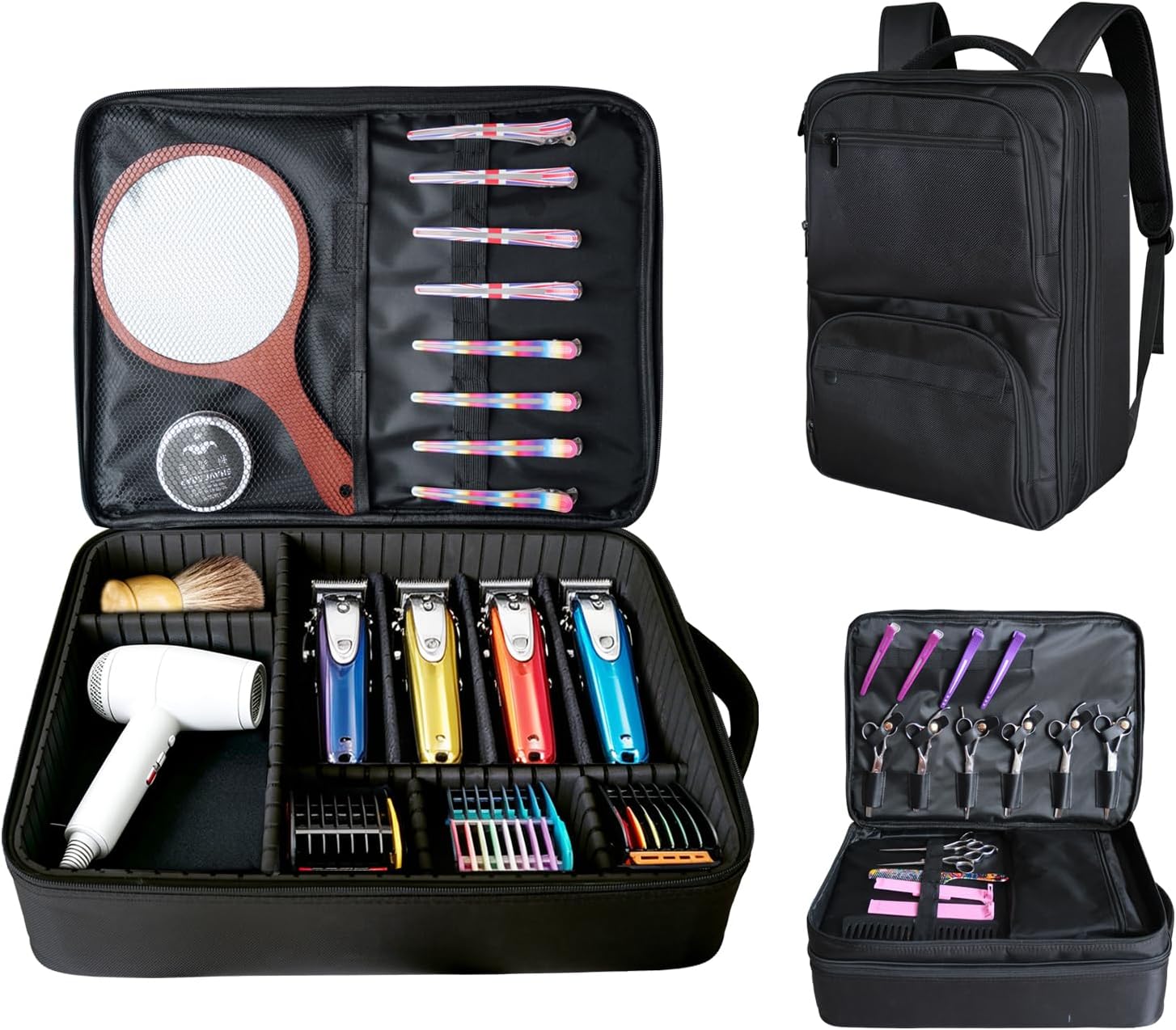 Professional Barber Supplies Backpack with Adjustable Dividers, Large Capacity Hair Stylist Travel Bag ，Heavy Duty Water-Resistant Hairdresser Organizer Case for Mobile Barbers （Black）