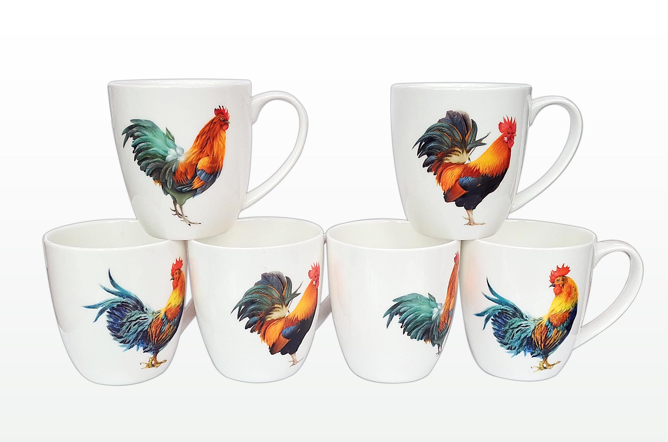 heritage Set of 6 fine Bone China Assorted Rooster Design DH Mugs