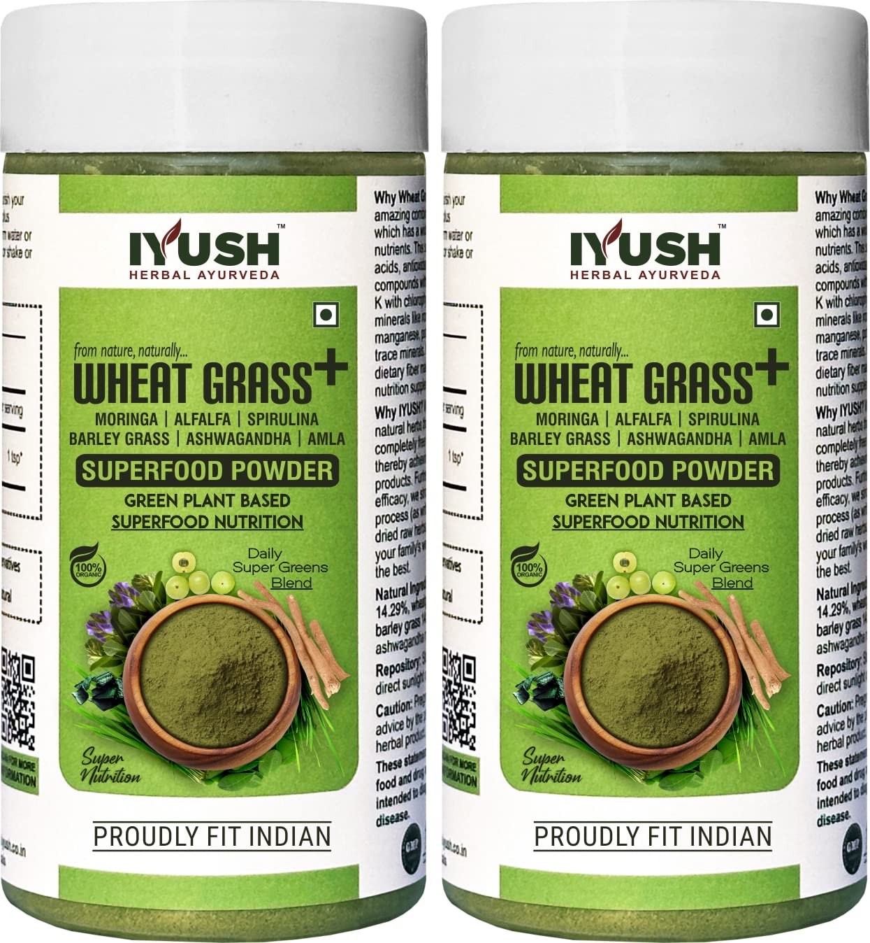 IYUSH Herbal Ayurveda Organic Wheat Grass Plus Moringa + Spirulina + Alfalfa + Barley Grass + Ashwagandha + Amla Multivitamin Superfood Powder (pack of 2) - 100gm each (B08GN4MHYT) Amazon Price History, Amazon Price Tracker