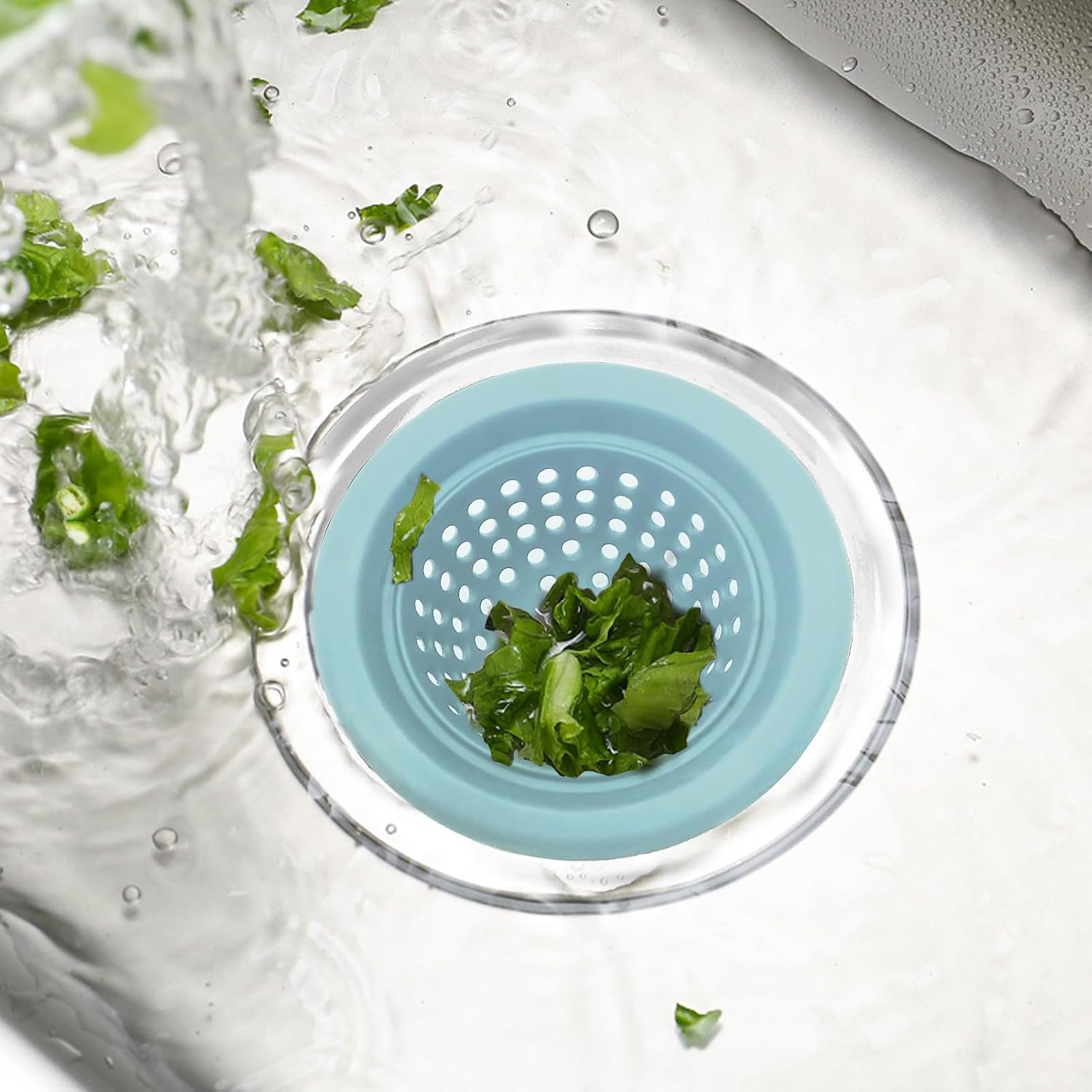 Silicone Strainer for Kitchen Sink, 2 Pack, Stainless Steel Reinforced, Basket Strainer, Drain Cover, Food Catcher, Debris Trap, Universal Anti-Clog Sink Drain Filter, Easy to Clean (Blue and White)