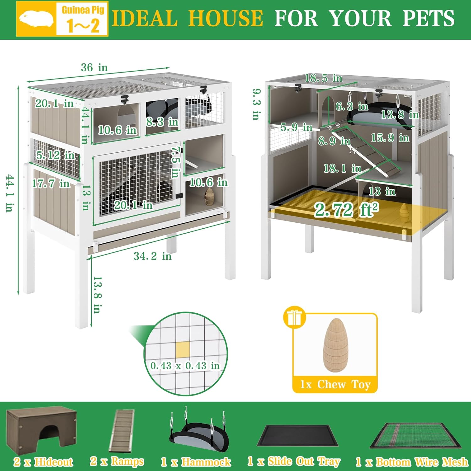 Guinea Pig Cages Indoor, 3-Story Wooden Small Animal Cage with Stand, Rabbit Hutch with Ramps, Removable Hammock & Hideout, Leak-Proof Pull-Out Tray Habitat for Hamsters, Guinea Pigs, Rabbits