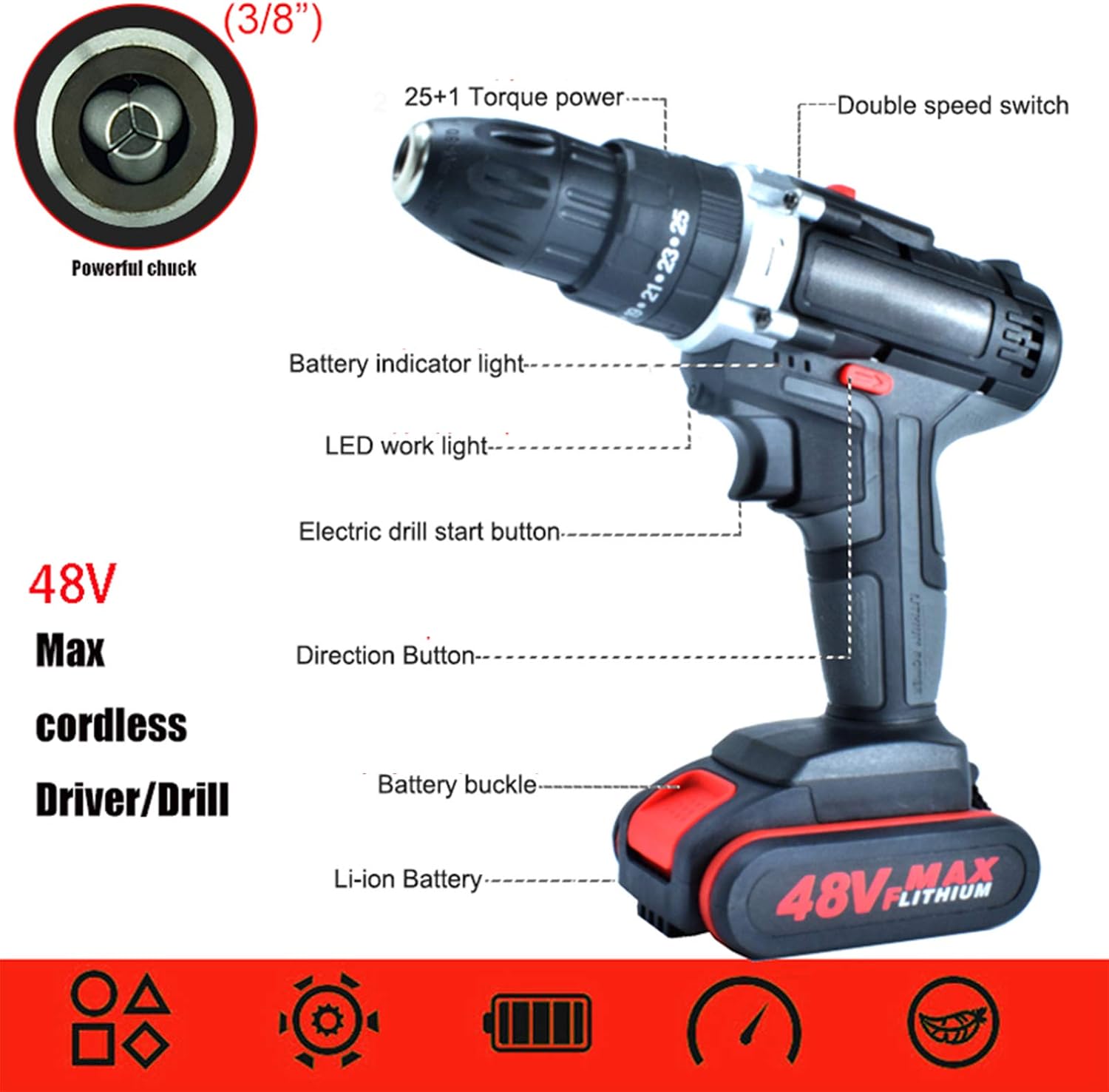 Cordless Drill, 48V Impact Drill Set, Electric Screw Driver Set with Dual-Speed, 25+1 Torque Settings, Fast Charge, 3/8 inch Keyless Chuck for Home Improvement & DIY Projec