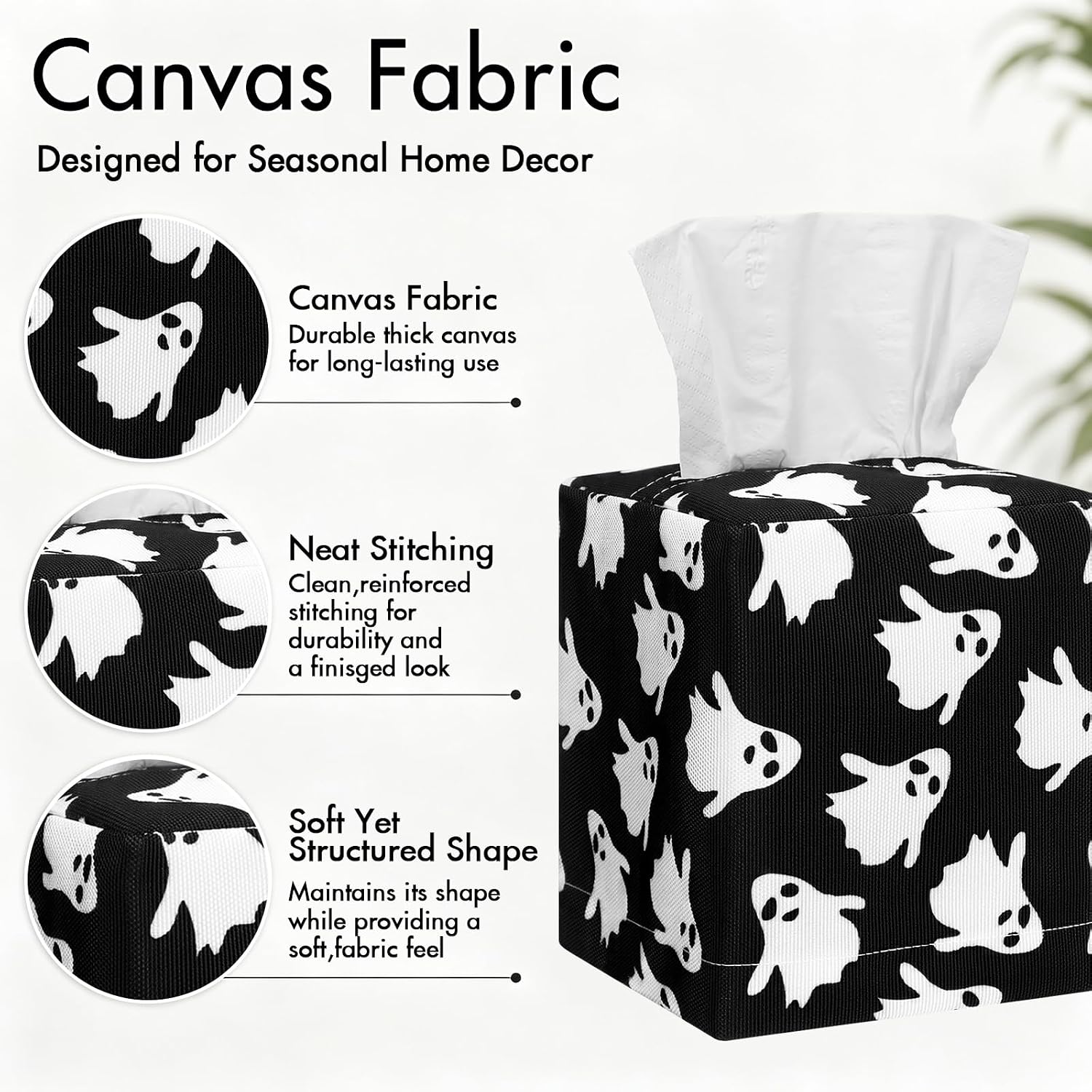 Reallnaive 2 Pcs Halloween Ghost Tissue Box Cover Square, Black and White image 3
