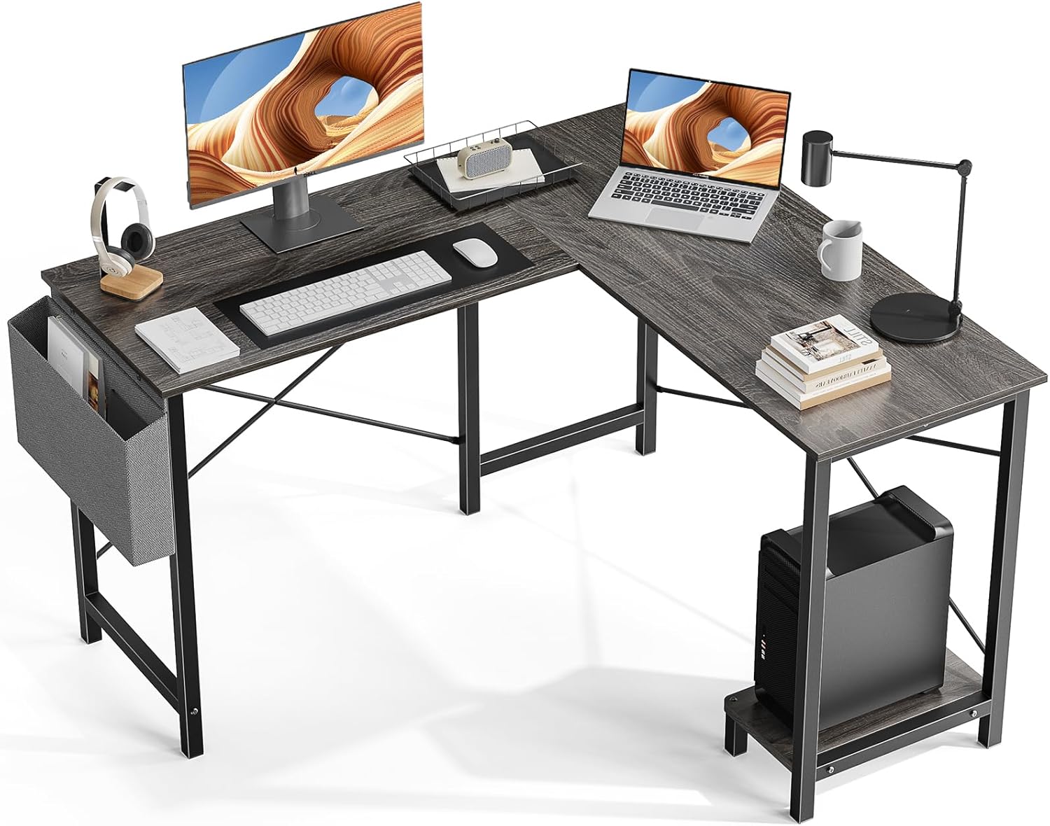 OLIXIS L-Shaped Computer Desk with two monitors, a laptop, and accessories