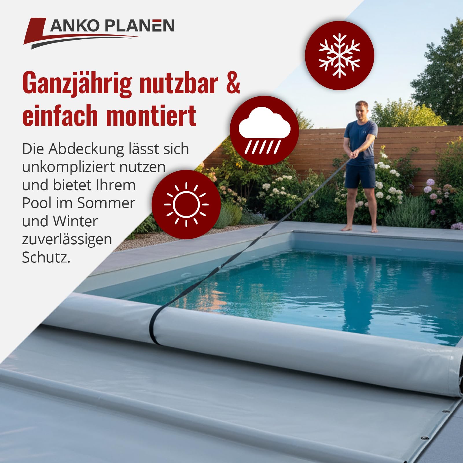 ANKO PLANEN Cubierta Enrollable de Piscina para máxima Seguridad - Lona de camión de PVC 680 g/m² - Cubierta para Todo el año para Verano e Invierno - sin Barras (3,5m x 7,5m, Gris RAL7037)