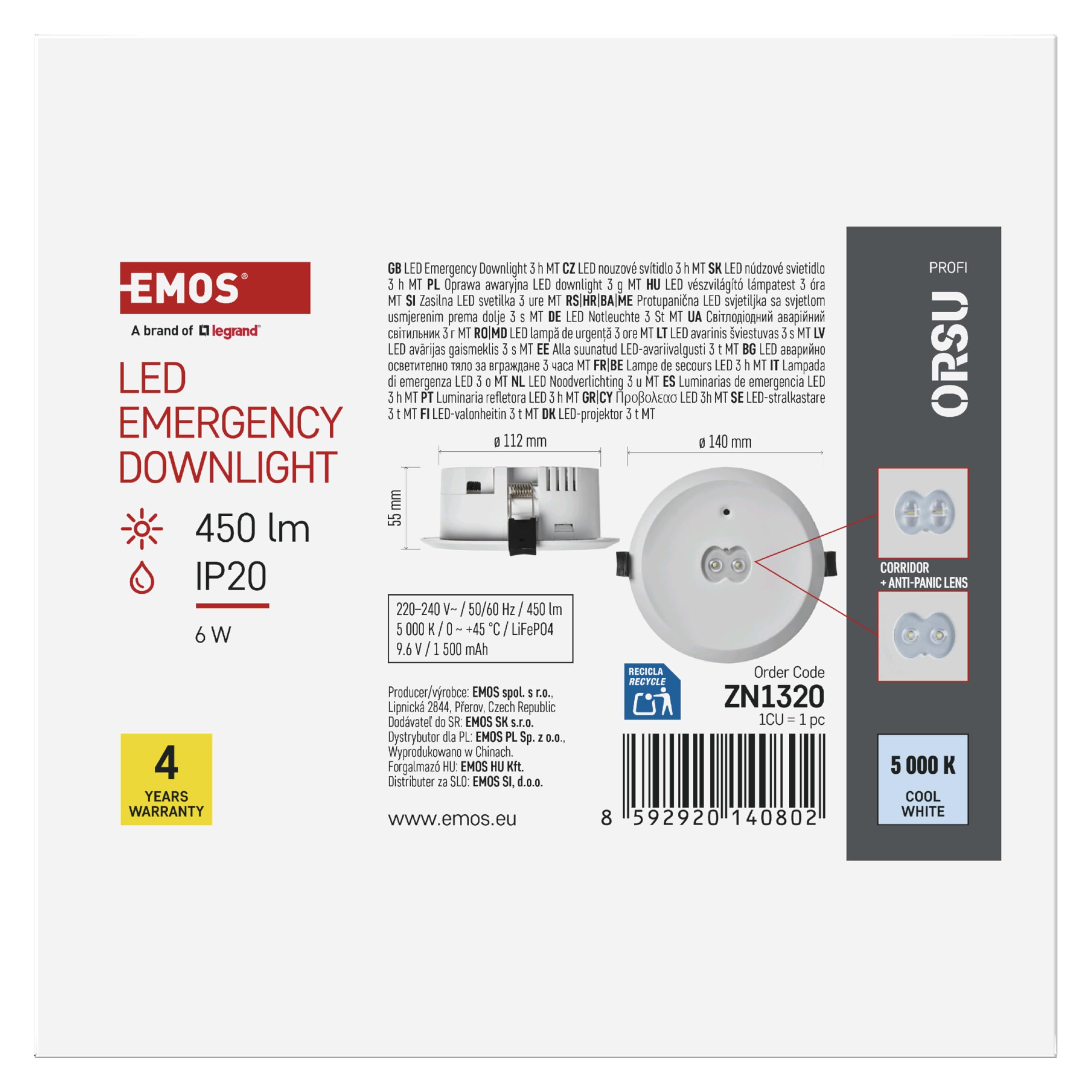 EMOS - Luz LED de seguridad ORSU 6W con 2 lentes y batería - Iluminación antipánico con botón de prueba manual - Modo de emergencia 3 horas - Montaje empotrado - Luz blanca fría - Para interiores