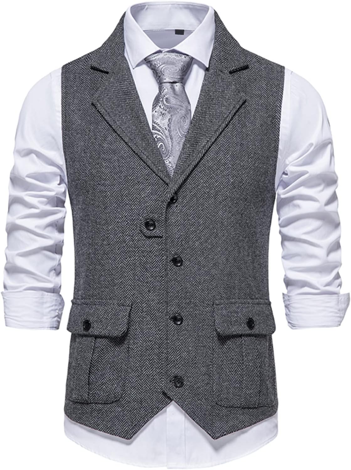 Mens Herringbone Tweed Suit Vest Vintage Slim Fit Notch Lapel Waistcoat Daily Business Wedding Tuxedo Blazer Vests