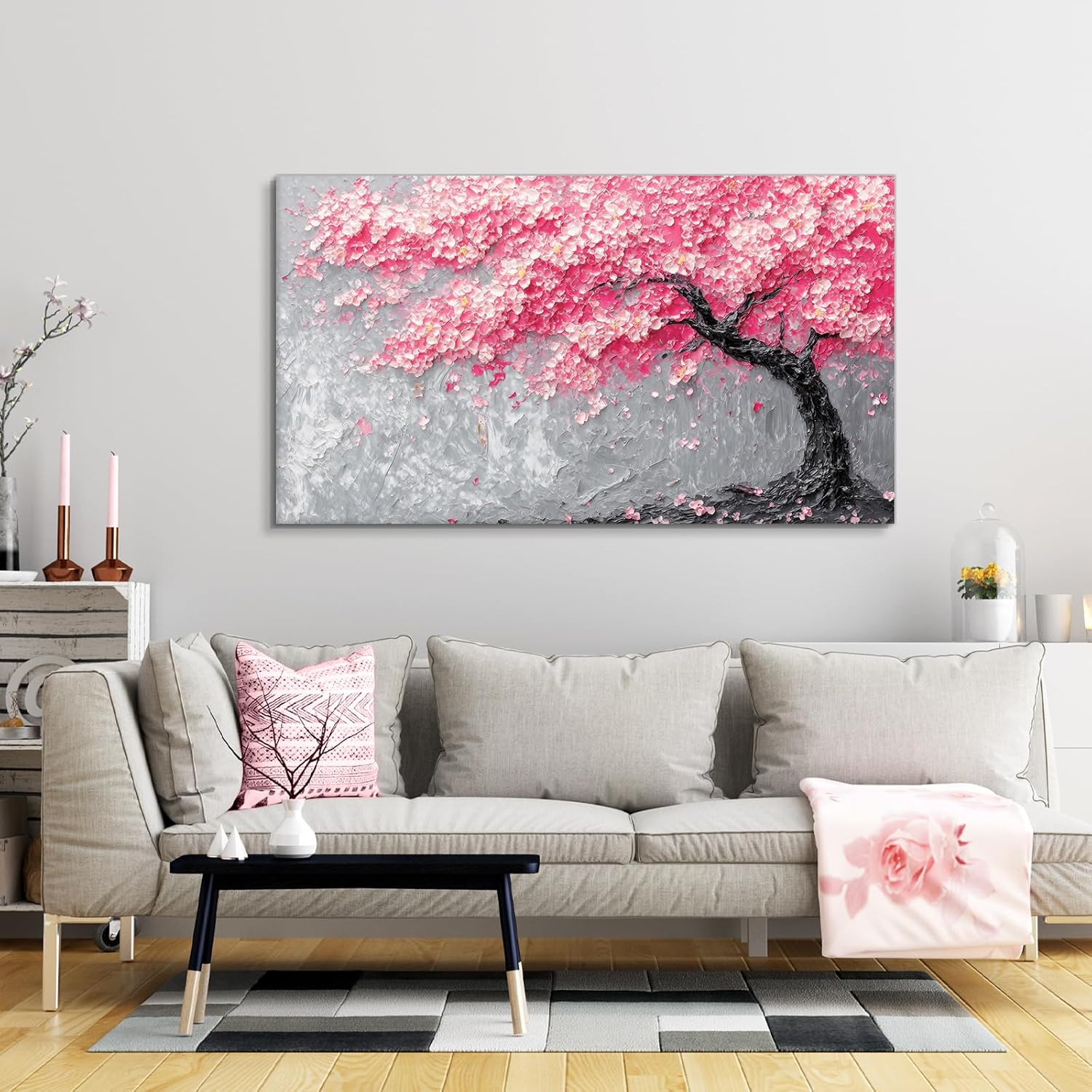 Craftline - Abstract Pink Tree of Life Picture Bloom Cherry Flowers Grey Prints Painting on Canvas Botanical Wall Art Large Framed Artwork for Living Room Bedroom Farmhouse Office 40x20inch