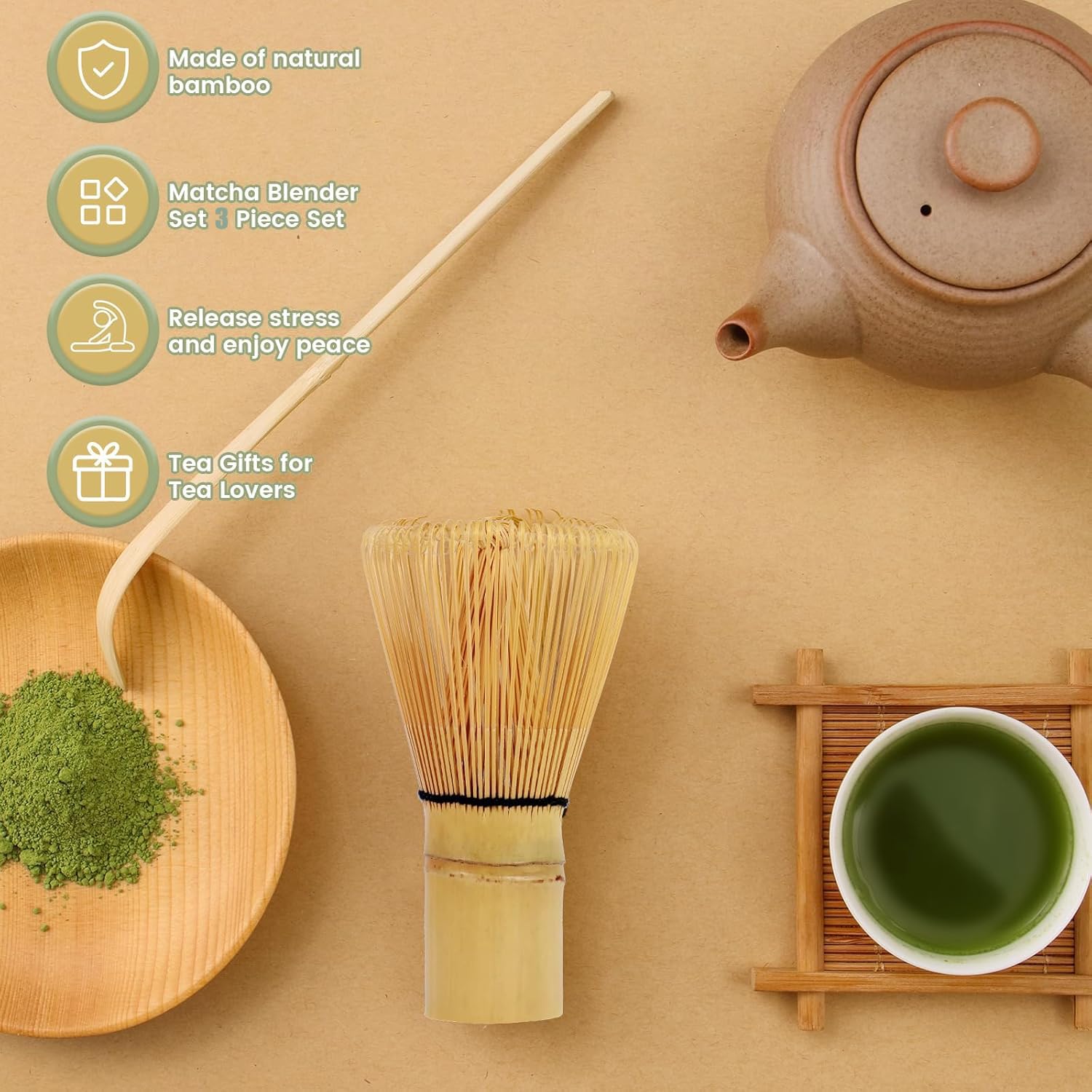 5-delige matcha-set, matcha-accessoireset, matcha-theeset, matcha-set met matcha-garde, bezemhouder, matcha-schaal, matcha-lepel en matcha-staaf, voor het bereiden van matcha-thee, cyaan