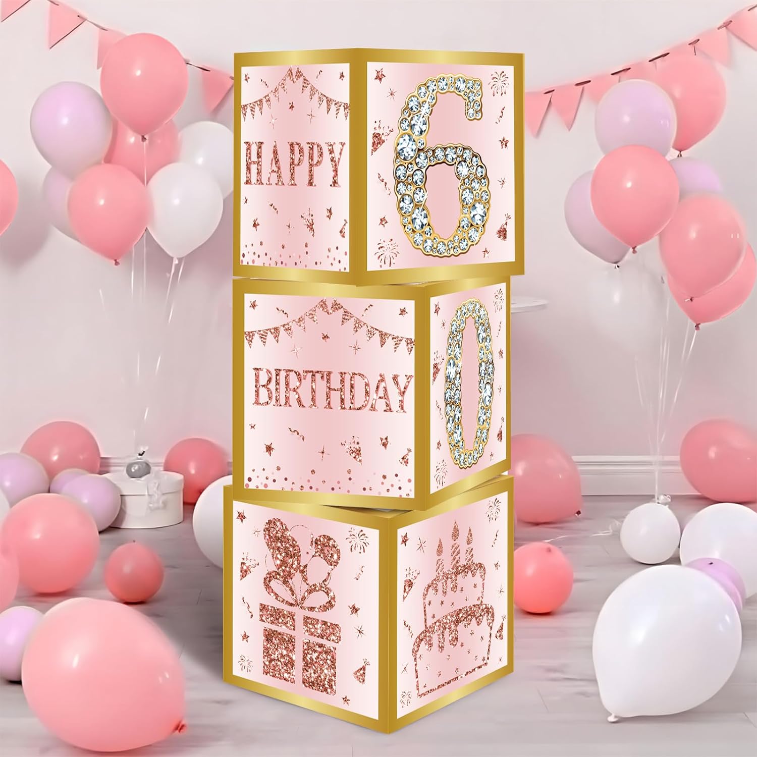 DataMoon Birthday Decorations Boxes with 0-9 Numbers for Girls or Women - 3PCS Pink Rose Gold Happy Birthday Balloons Boxes,Bday Theme Cardboard Decor - Image 9