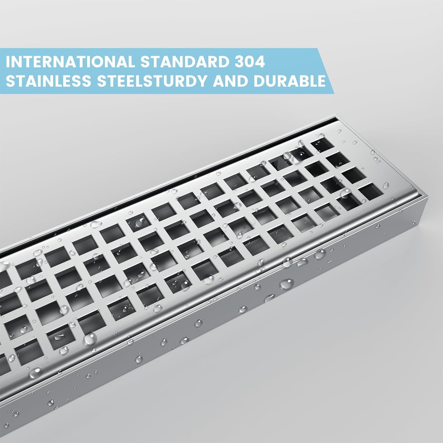 GAOMON 32-Inch Linear Shower Drain with Removable Quadrato Pattern Grate, Brushed 304 Stainless Steel Rectangle Shower Floor Drain, Bathroom Linear Drain with Leveling Feet,Hair Strainer