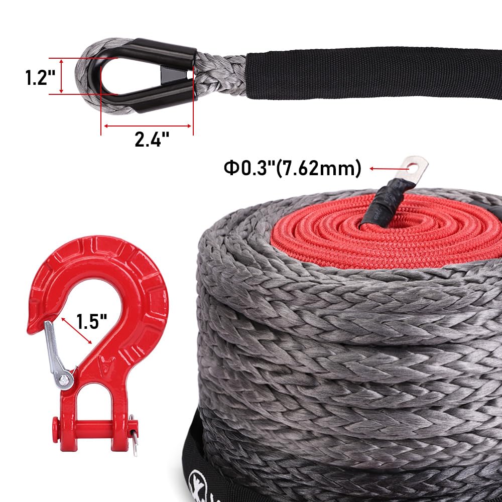 Seil-Winde 12-Strand 20500 LBS mit Schutzhüllenhaken f. LKW ATV UTV | 10mm x 28m Synthetik-Kunststoff-Seil UHMWPE Synthetikseil Windenseil Forstseil 9299KG Anhängerseil Fahrzeugwinde