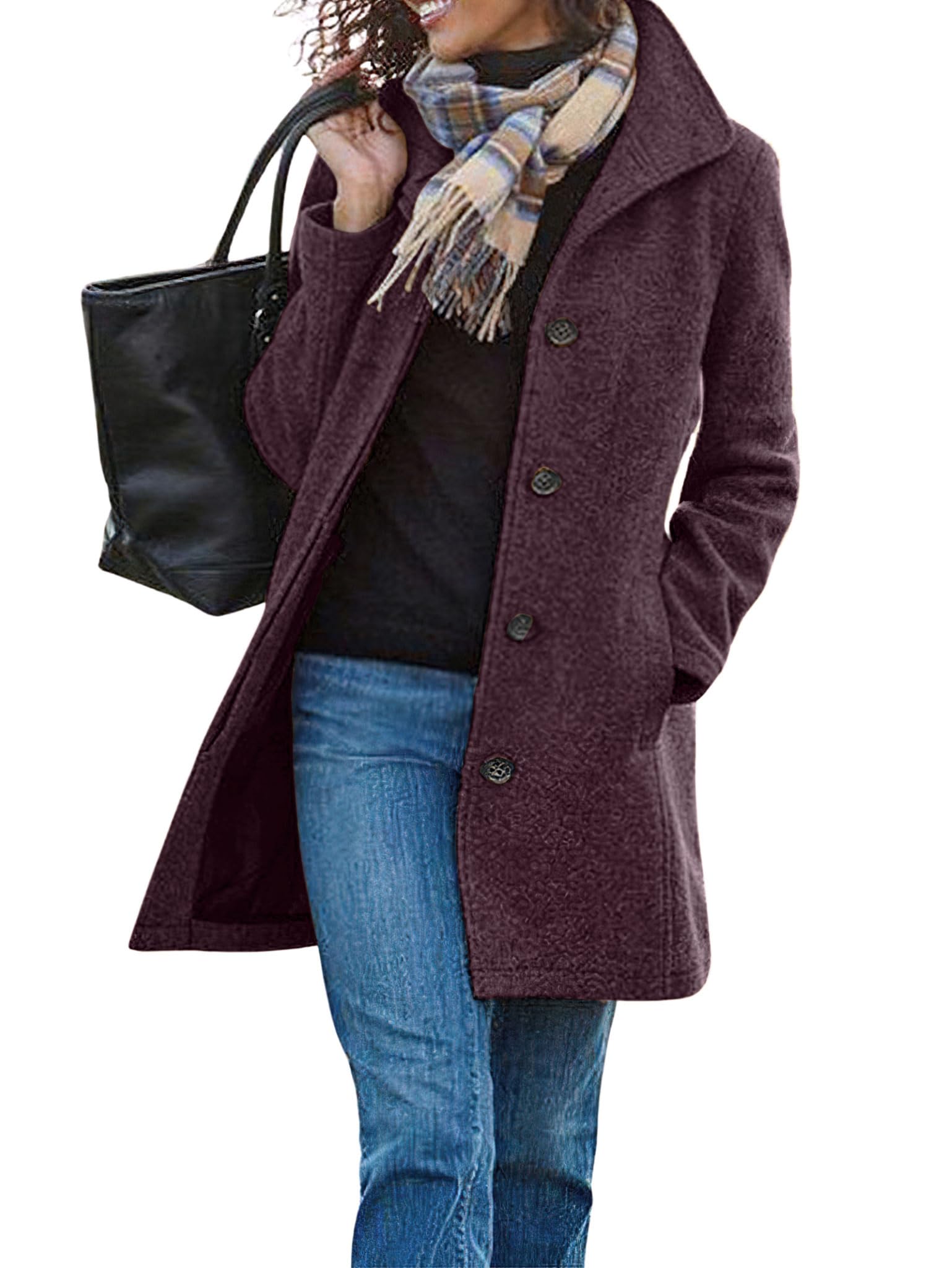 CHARTOU Women's Casual Thicken Wool Blend Stand Collar Single Breasted Pea Coat, Dark Purple, Large