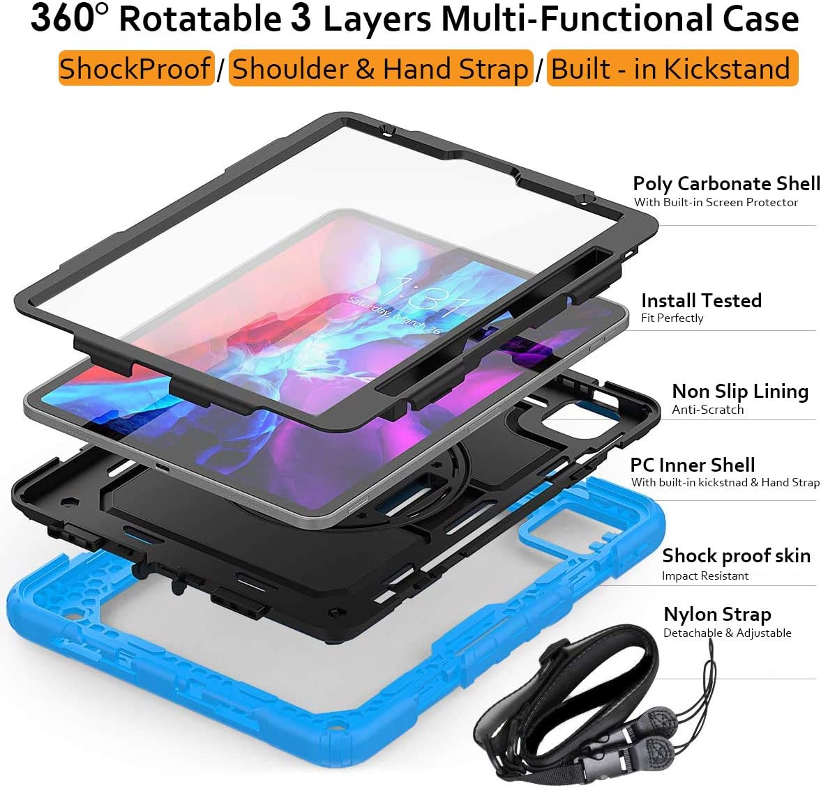 DuraSafe Cases for iPad PRO 12.9 3 4 5 6 [iPad Pro 12.9 6th 2022 5th 2021 4th 2020 3rd 2018 ] A2436 A2764 A2437 A2378 A2461 A2379 A1876 A2014 A1895 A2229 A2069 A2232 Kick Stand Rugged Case - Sky Blue