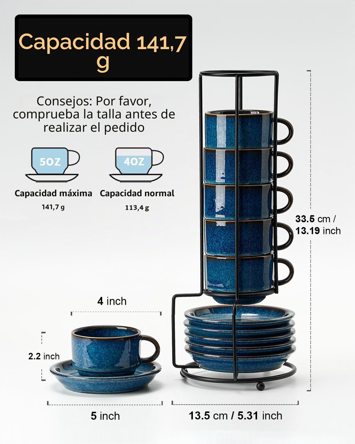 HOME DECOR Juego de 6 tazas de café expreso de cerámica, esmalte reactivo, azul, 1399-08T4GD