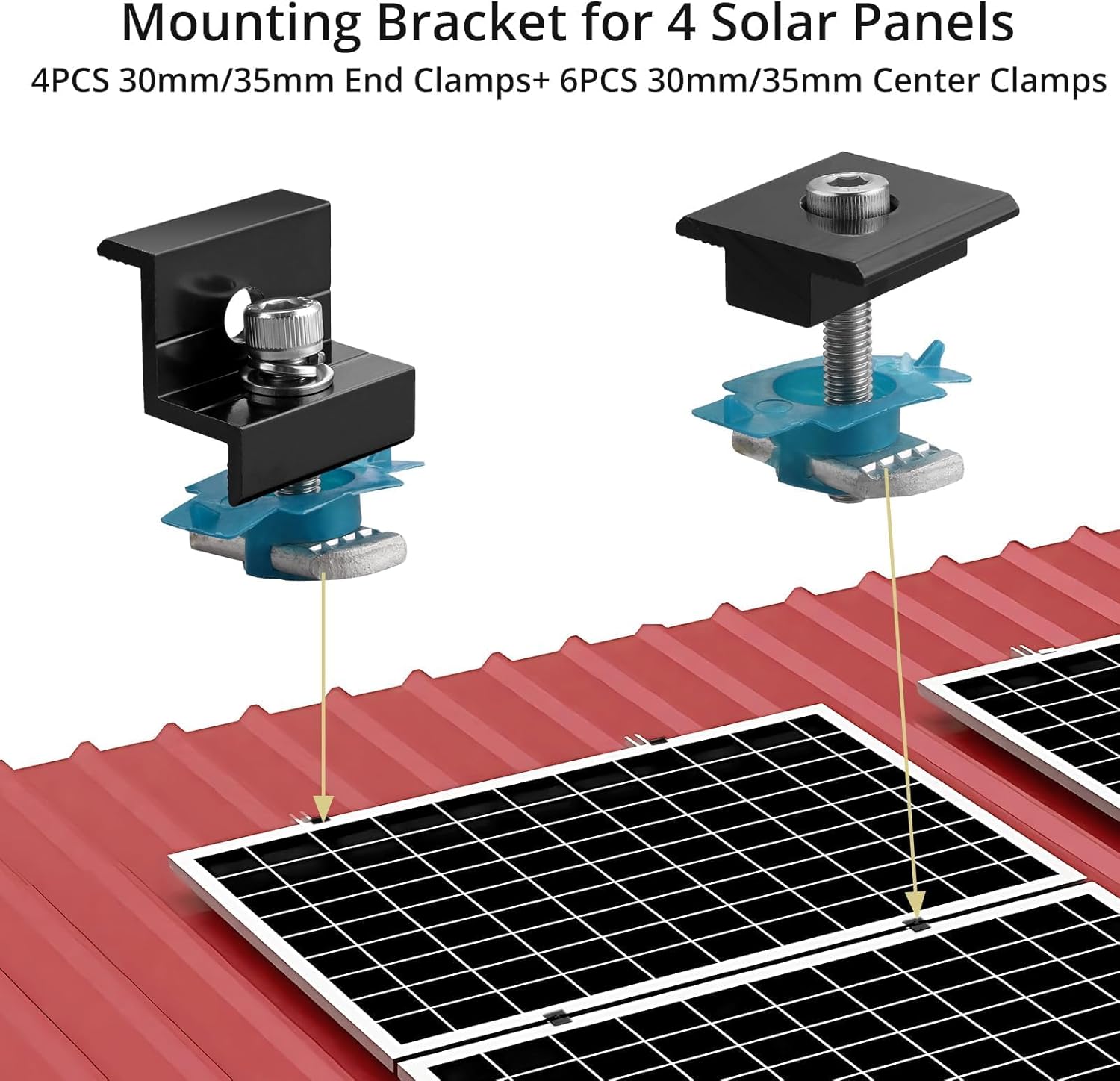 Anbte 10 PCS Solar Panel Mounting Brackets for Unistrut, Aluminium 30mm/35mm 6 x T-Shaped Mid Clamps + 4 x End Clamps, Solar Panel Mounting Kit for Metal, Tin, Flat, Sheet Roofs, RV, Black
