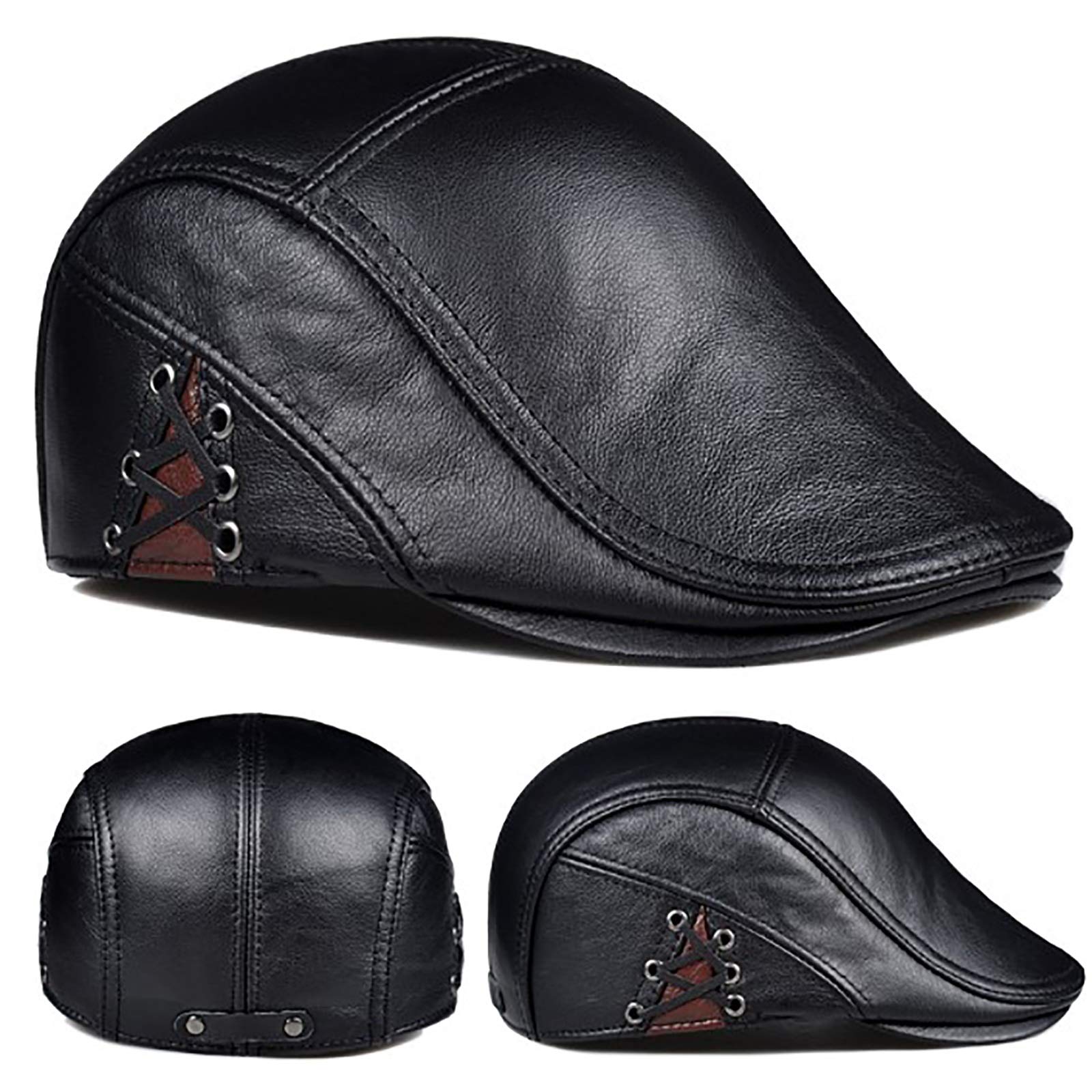 G&F Anziani Pelle Vera Berretto Pelle Bovina Cappello Piatto Tenere Caldo Inverno Moda 55-60 Cm (Color : Black, Size : L)