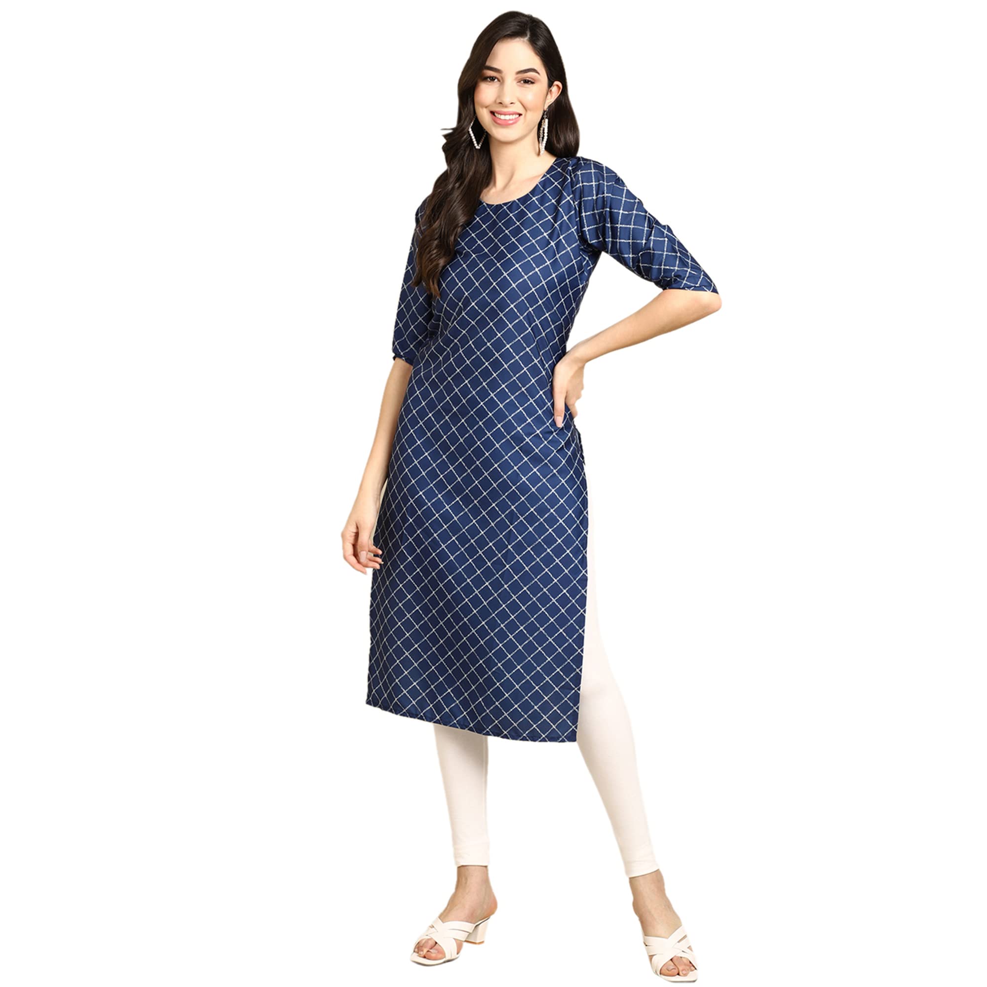 Pinkmint Women's Crepe Blue Ethnic Motif Printed Straight Kurti[Nc-530364-S]