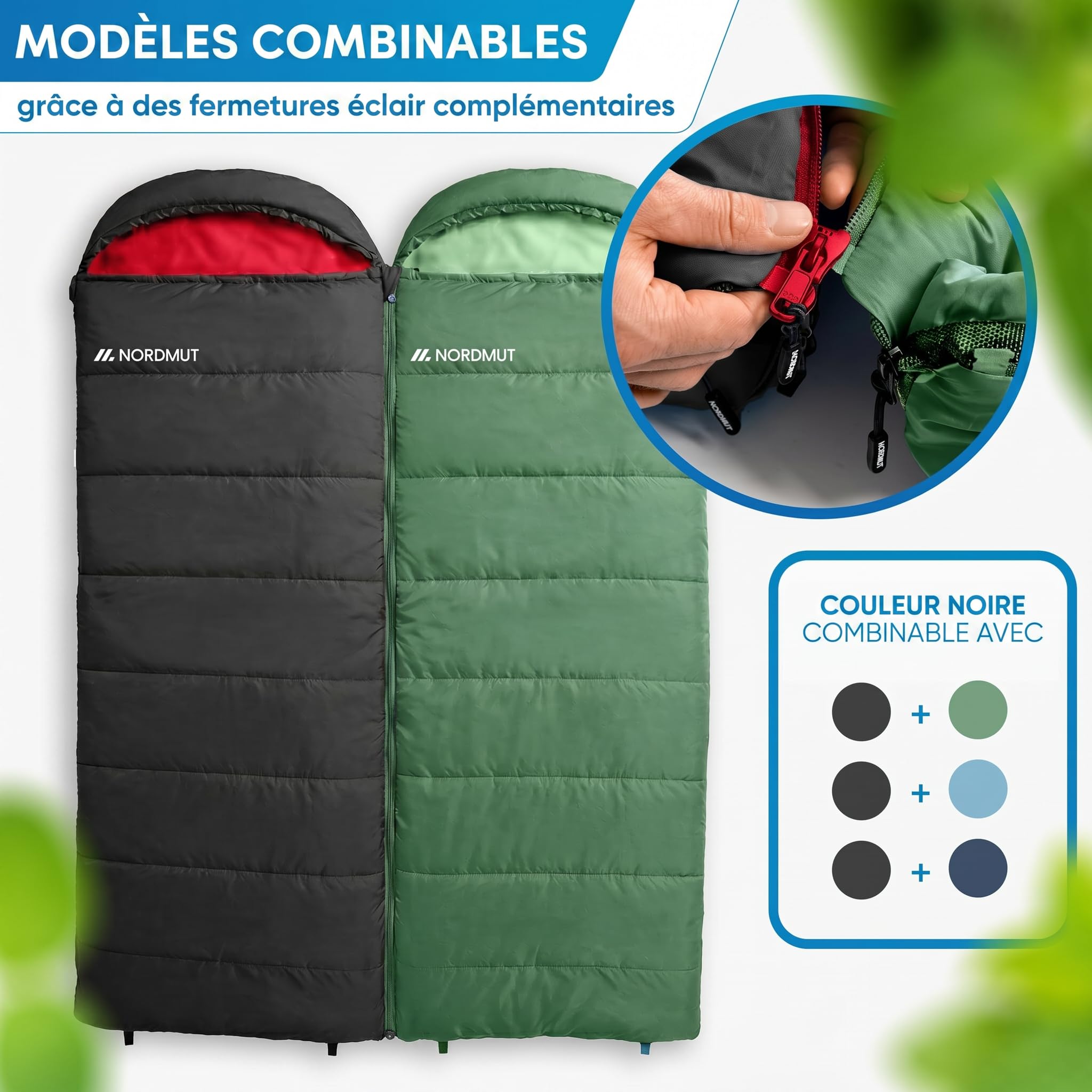 NORDMUT® Sac de Couchage Couverture Adulte avec Fermeture éclair YKK à Double Sens – Format Compact & ultraléger 1600 g – 3 Saisons (250 GSM) – Sac de Couchage pour Camping, Outdoor & Festivals