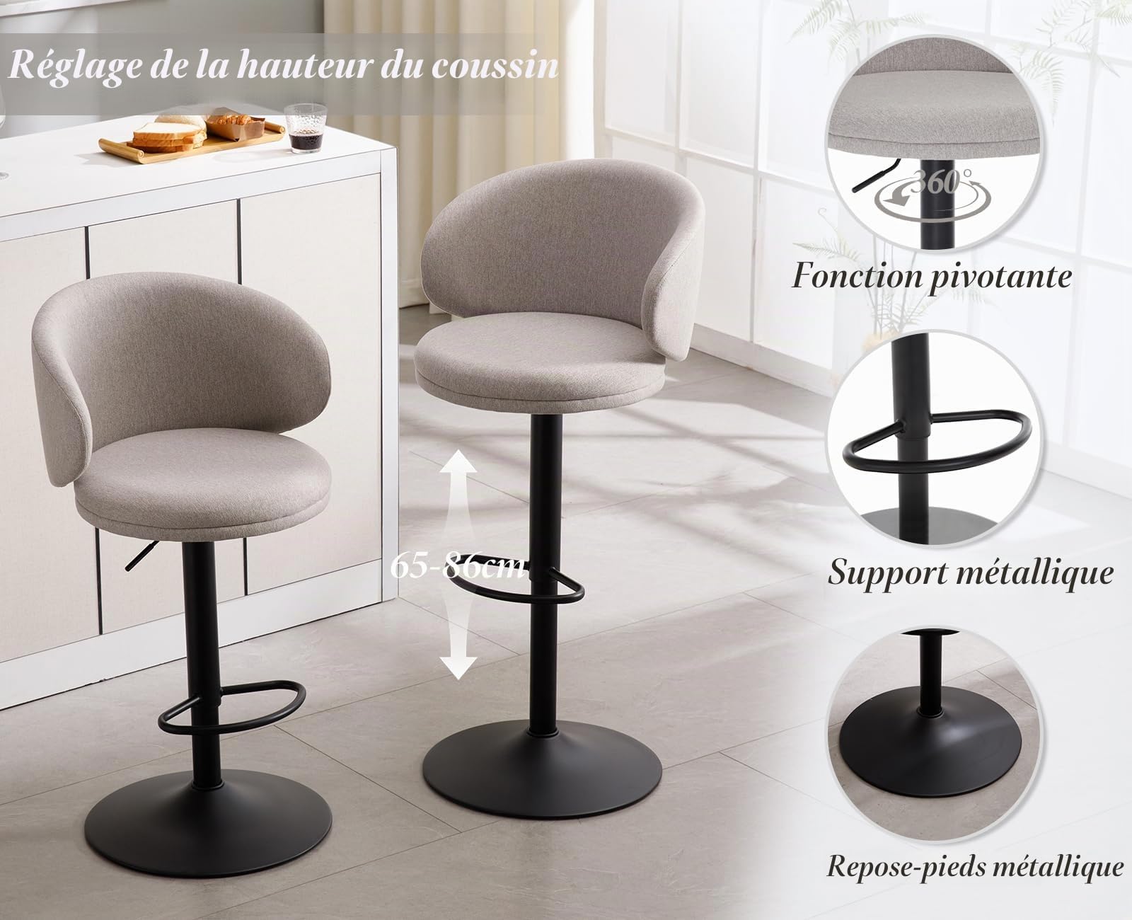 chairus 2PCS Tabourets de Bar, Chaise Haute Cuisine, Pivotant, Gris | Style Moderne, Tissu de Lin, Réglable en Hauteur, Dossier Incurvé, Coussin Rembourré, pour Ilot Central