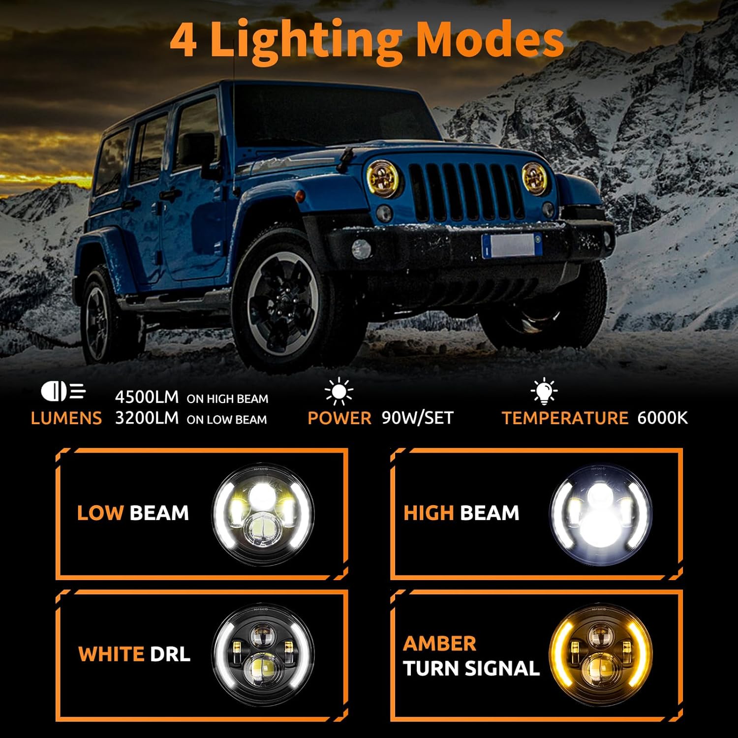 Halo Headlights for Jeep Wrangler JK TJ(1992-2005)- 7Inch Round LED headlights with White/Amber DRL & Turn Signal, High/Low Beam Projector, Plug & Play Kit (Fits H6024)