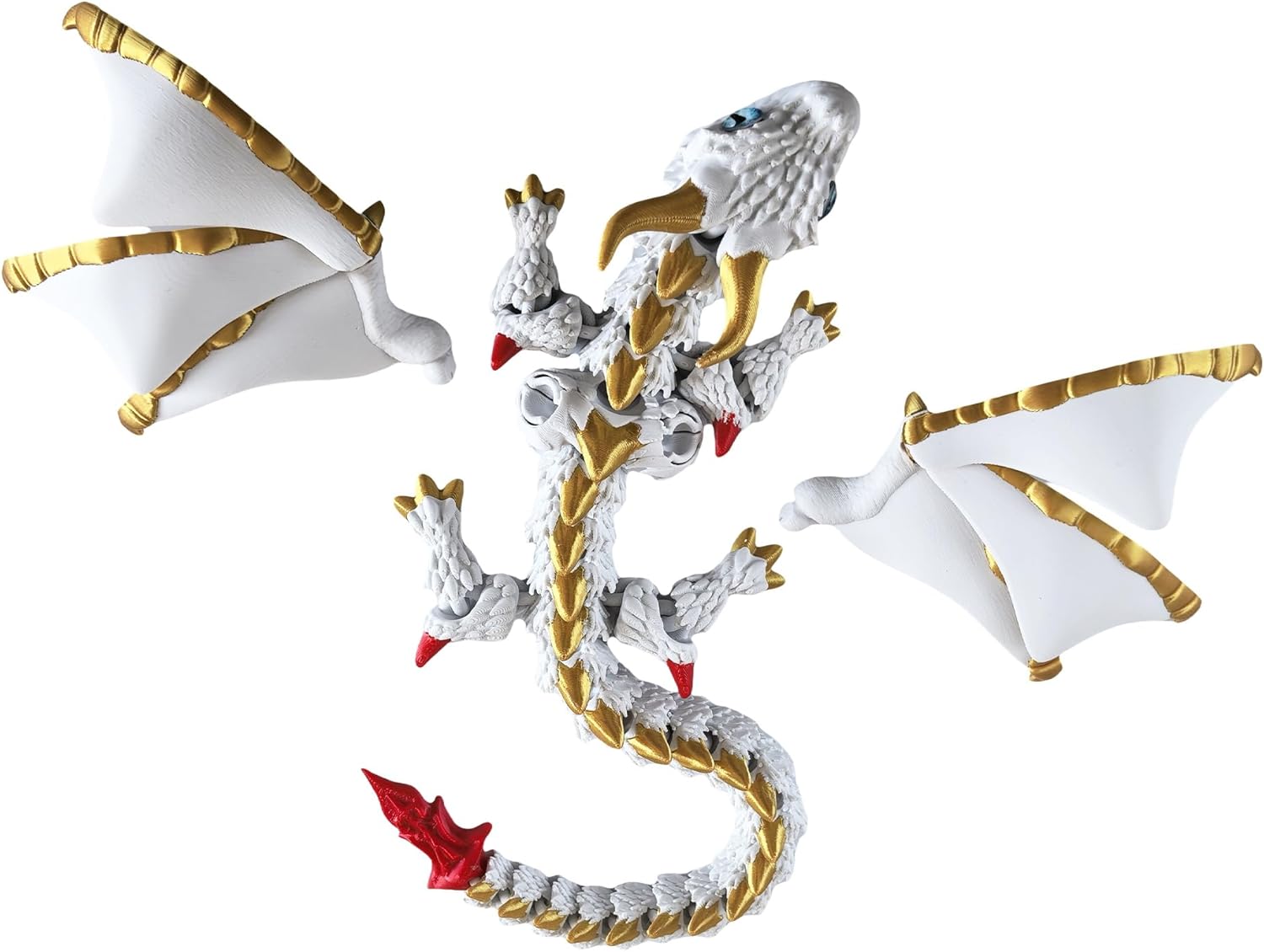 3D Printed Dragon with Wings, 15" Flexible Articulated Fidget Toy, Anxiety Relief 3D Printed Animal, Desktop Pet Decor, for Kids, Adults & Dragon Lovers (White-Gold)