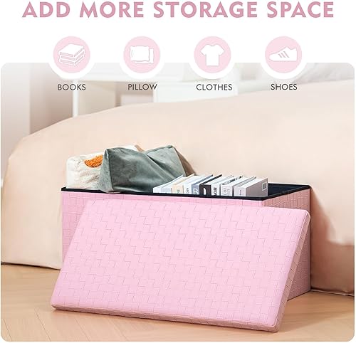 Miniatura 4 de B FSOBEIIALEO Otomana plegable de almacenamiento, reposapiés de piel sintética, banco largo, caja de juguetes para niñas, color rosa, 30 x 15 x 15