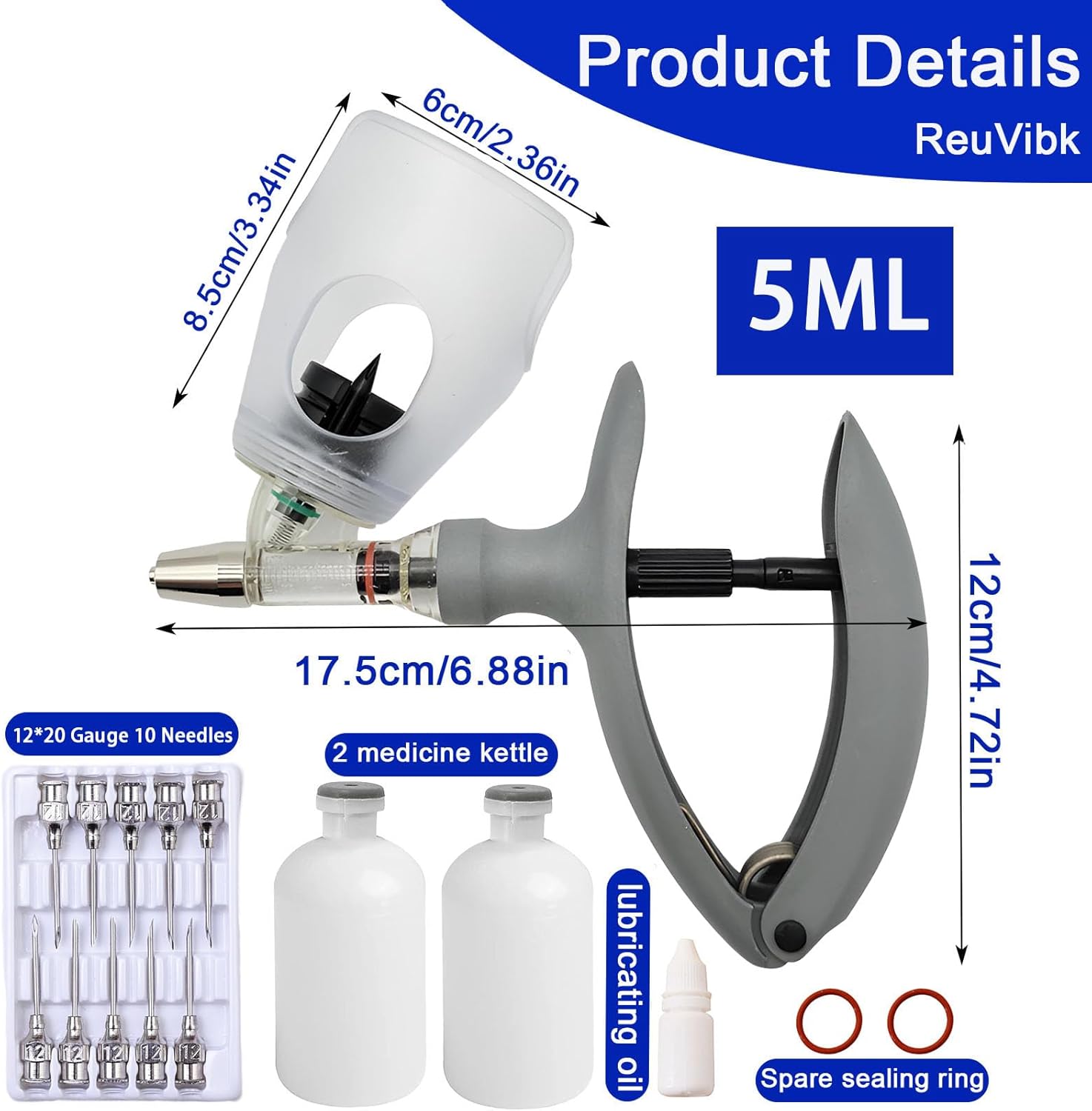 5ML Livestock Syringe Gun, Automatic Self Refill Injection Gun Continuous Adjustable Bottle Attachment Livestock Animal Syringe with 10 Needles, for Chicken, Duck, Pig, Sheep, Cow Poultry (Grey)