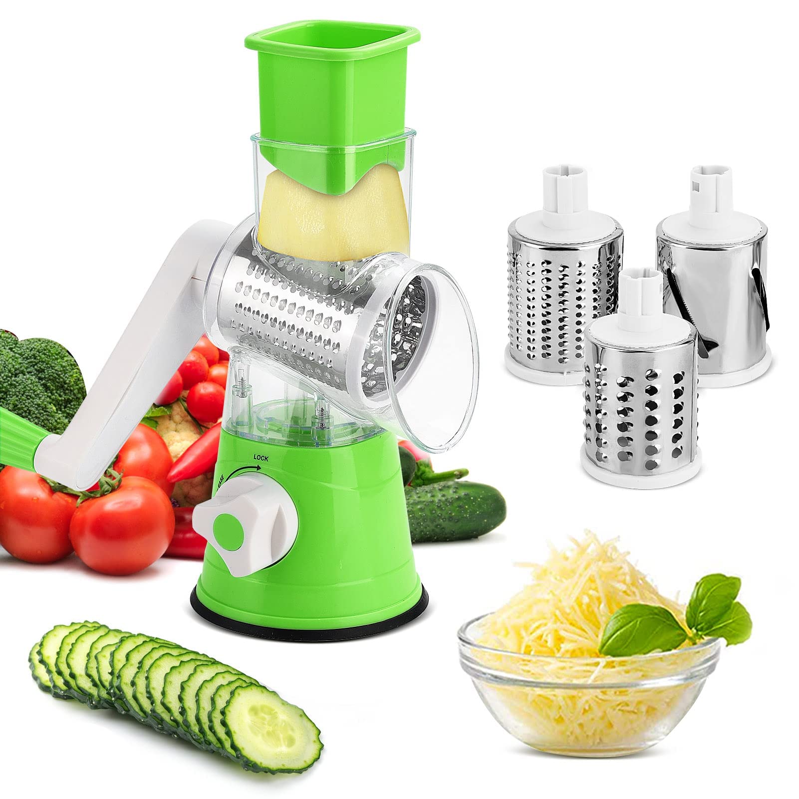 Trintion Rotary Vegetable Shredder 3 in 1 Rotary Cheese Grater Round Vegetable Mandoline Blades Handheld Fruit Vegetable Slicer Shredder for Fruit Nut and Vegetable Grate Green