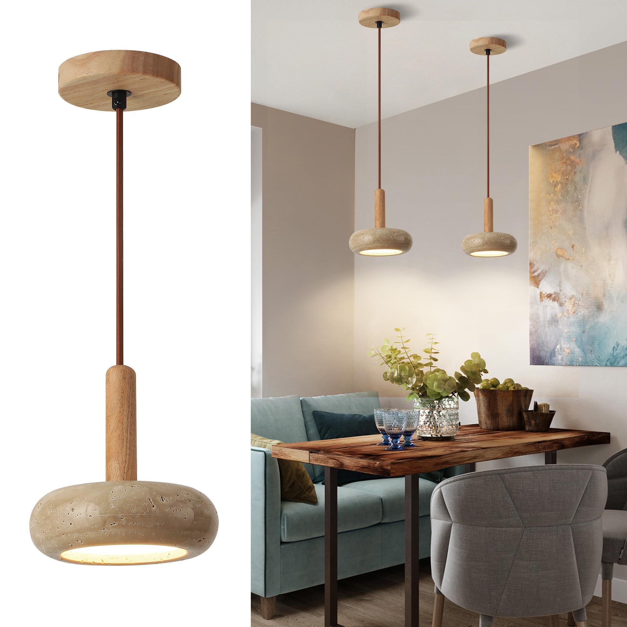 Kaixunl Wabi-sabi Pendant light Natural Yellow Travertine LED Wood Hanging lights Height Adjustable Ceiling Lights Modern Chandeliers Ceiling Light for Bedroom Dining Room Living Room Kitchen 15cmpole