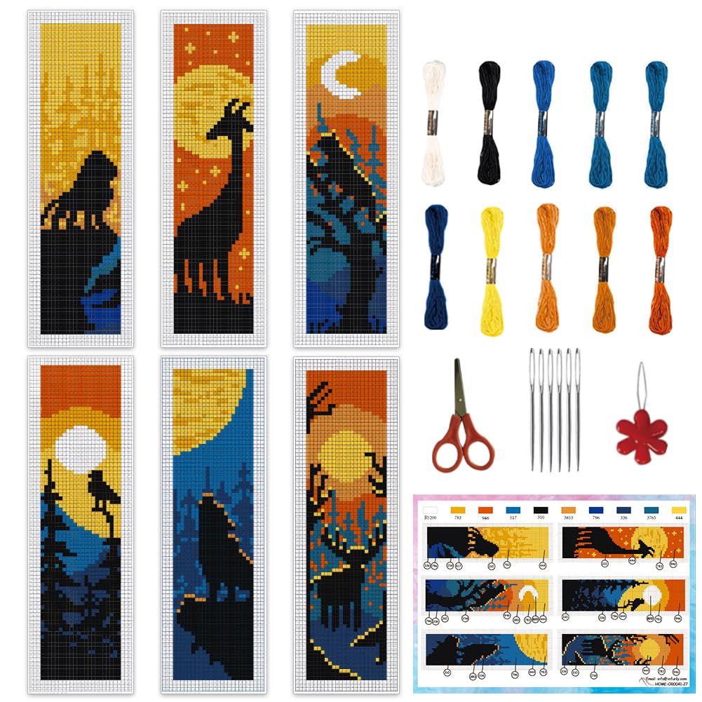 INFUNLY 6pcs Animal Silhouettes DIY Cross Stitch Bookmark Starter Kits with Instruction 2.4''x7.9'' Lion Giraffe Stamped Embroidery Bookmark Kit Moon Branches Embroidery Bookmark Set for Book Lovers