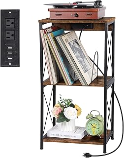 YBING Record Player Stand 3 Tier Turntable Stand with Record Storage End Table with Charging Station Vinyl Record Storage Stand with Divider Nightstand for Living Room Bedroom Office, Brown