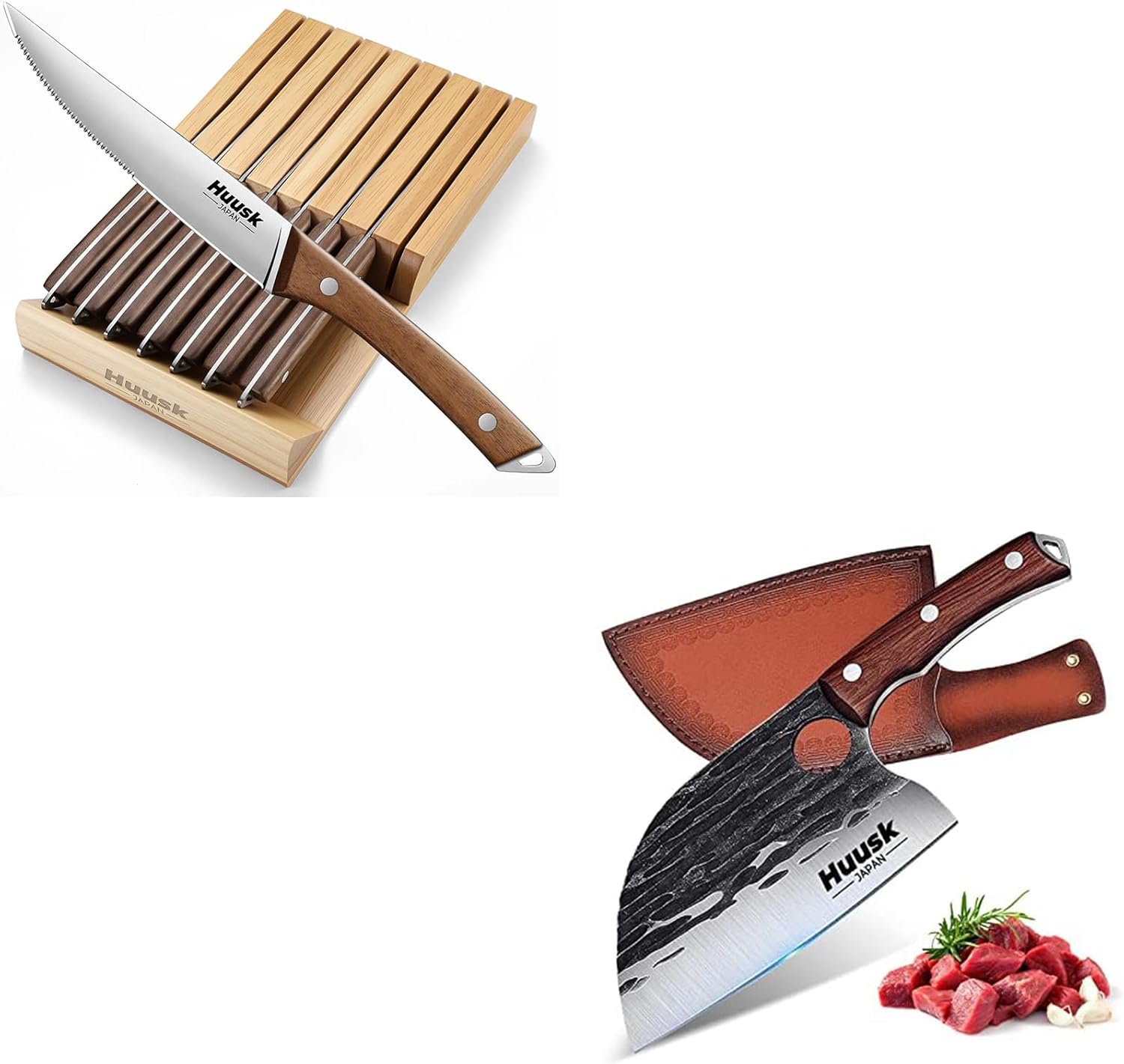Huusk Steak Knives Set of 8 with Drawer Organizer and Serbian Chef Knife with Sheath