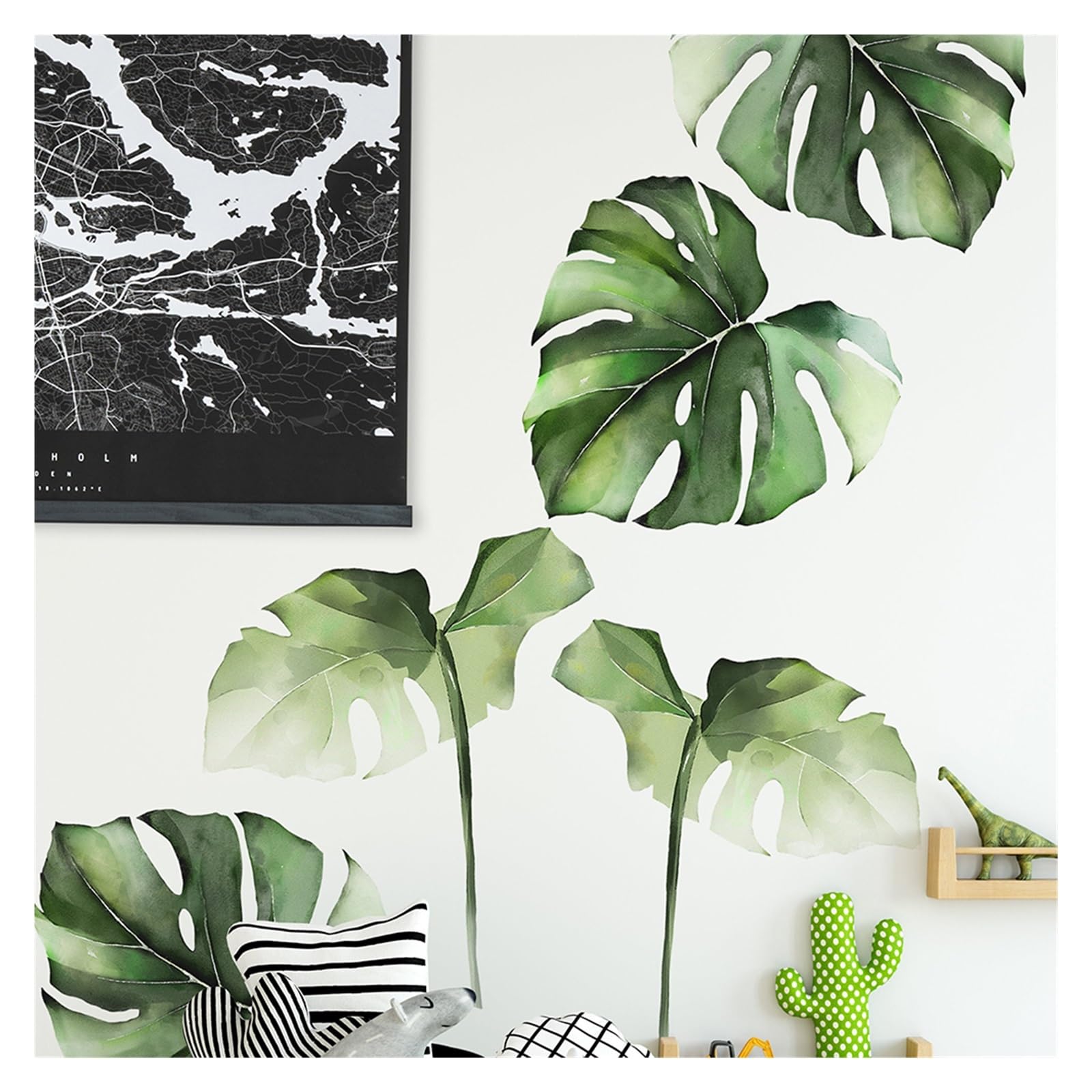 Pegatinas de Pared Hojas de Palmera Acuarela Monstera selva tropical hojas pegatinas de pared palmera verde calcomanías dormitorio(105cmwidex68cmhigh)