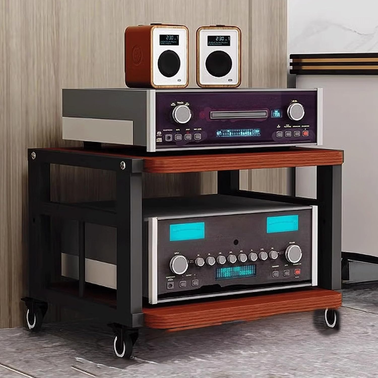 Shelf Organizer Rack, AV Media Stand, Rack Audio Tower, Storage Shelf Rack Modern with Universal Wheels 2 Sizes 4 Colors(Brown+Black,2 Layer)