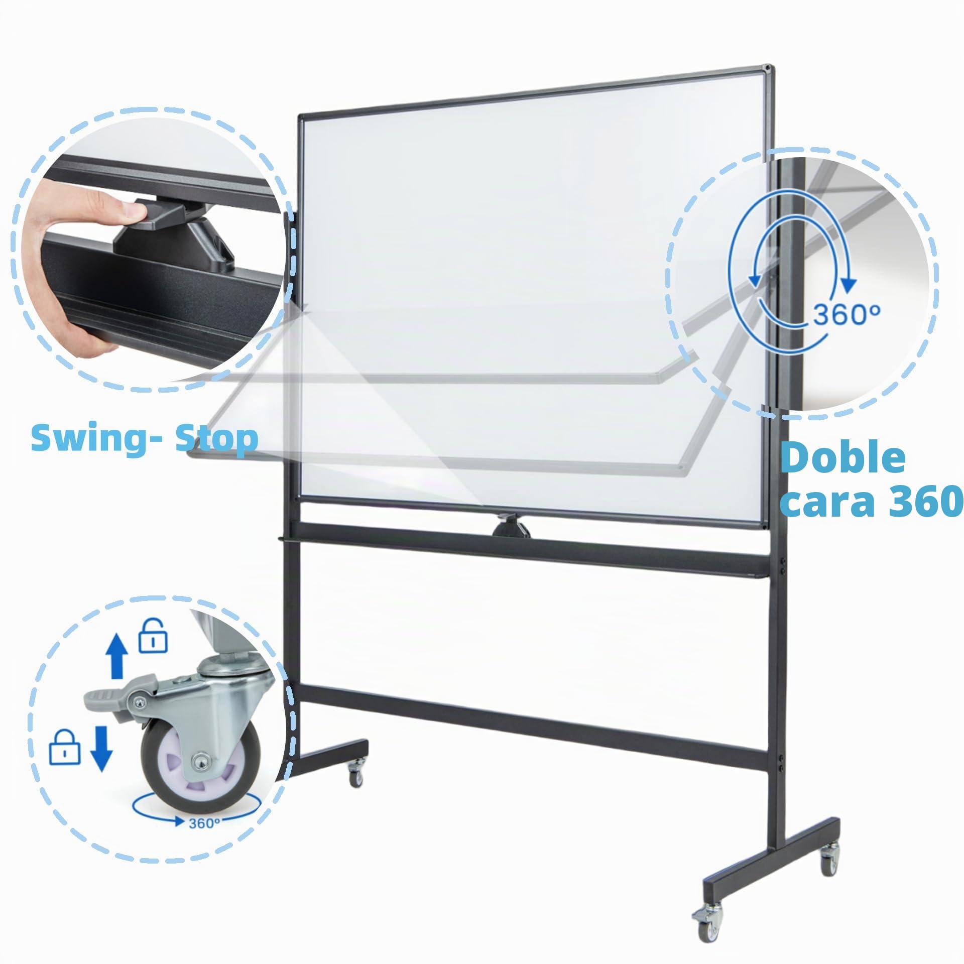 LIFEZEAL Pizarra Blanca Móvil Doble Cara Giratoria 360° (120x90CM, Negro) | Pizarra Magnética de Pie con Soporte, Altura Ajustable para Hogar, Oficina y Escuela