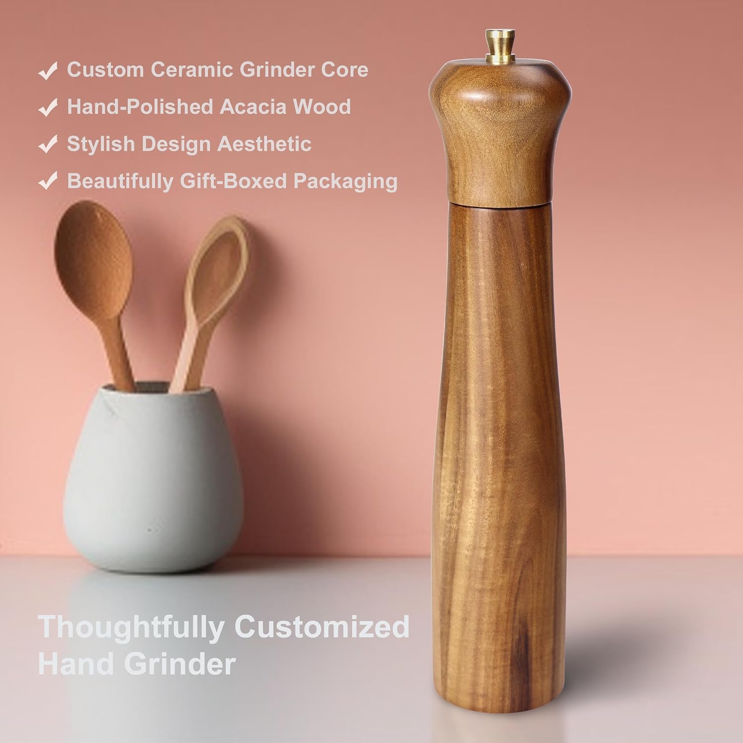 10" Salt and Pepper Grinder,Refillable pepper mills,Acacia wooden salt and pepper grinder,Adjustable ceramic rotor pepper grinder,Refillable spice grinders,retro in style