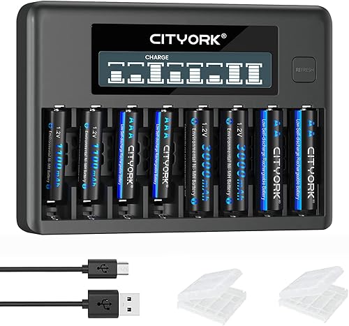 Paquete de 8 baterías recargables AA con cargador, 3000 mAh de alta capacidad, doble A, Ni-MH, con 8 bahías LCD Smart AA AAA cargador de batería