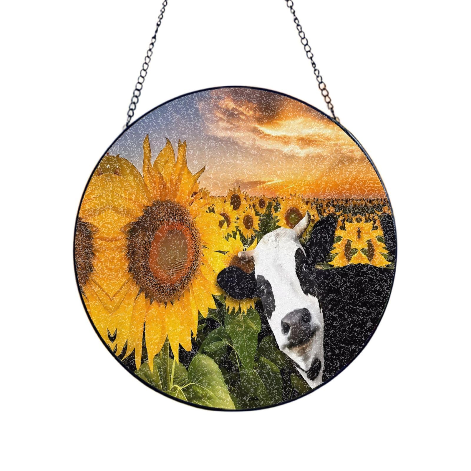 Phayah Sunflower And Cow Print Glass Window Hanging Round Suncatcher Glass Ornament Garden Wall Fence Decorations Indoor Outdoor 12in（30cm）