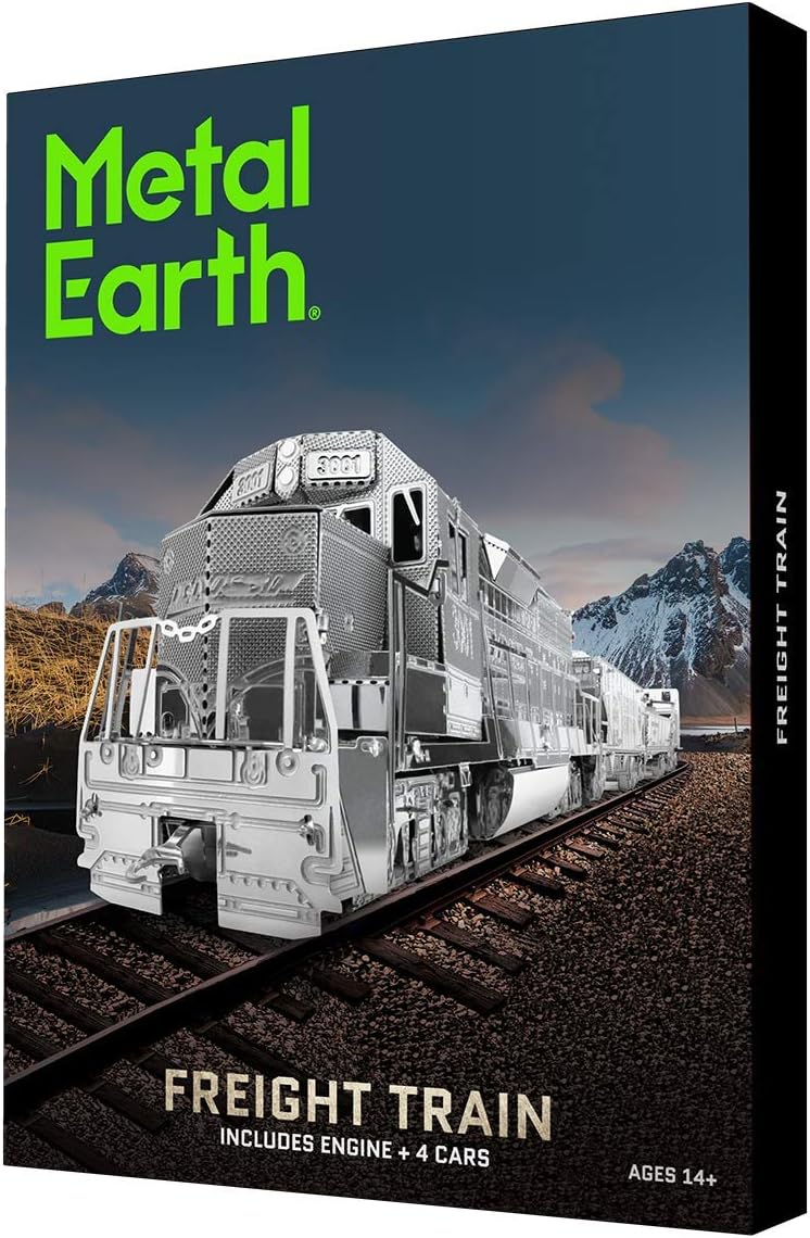 Fascinations Metal Earth Freight Train Box Gift Set 3D Metal Model Kit, Silver