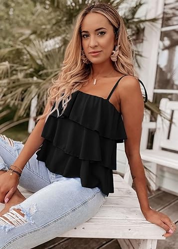 Vista 7 de KIRUNDO Blusa tipo babydoll con volantes y tirantes delgados para mujer, para verano, en capas, para playa, moda, vacaciones, crucero