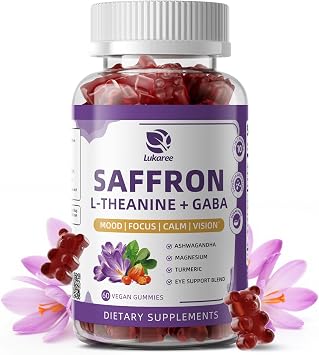 10-in-1 Saffron Gummies Supplements with L-Theanine 200mg, GABA, Ashwagandha, Turmeric, Lutein, Zeaxanthin & Astaxanthin for Mood, Focus & Eye Support Sugar Free, Vegan, Berry Flavor, 60 Count