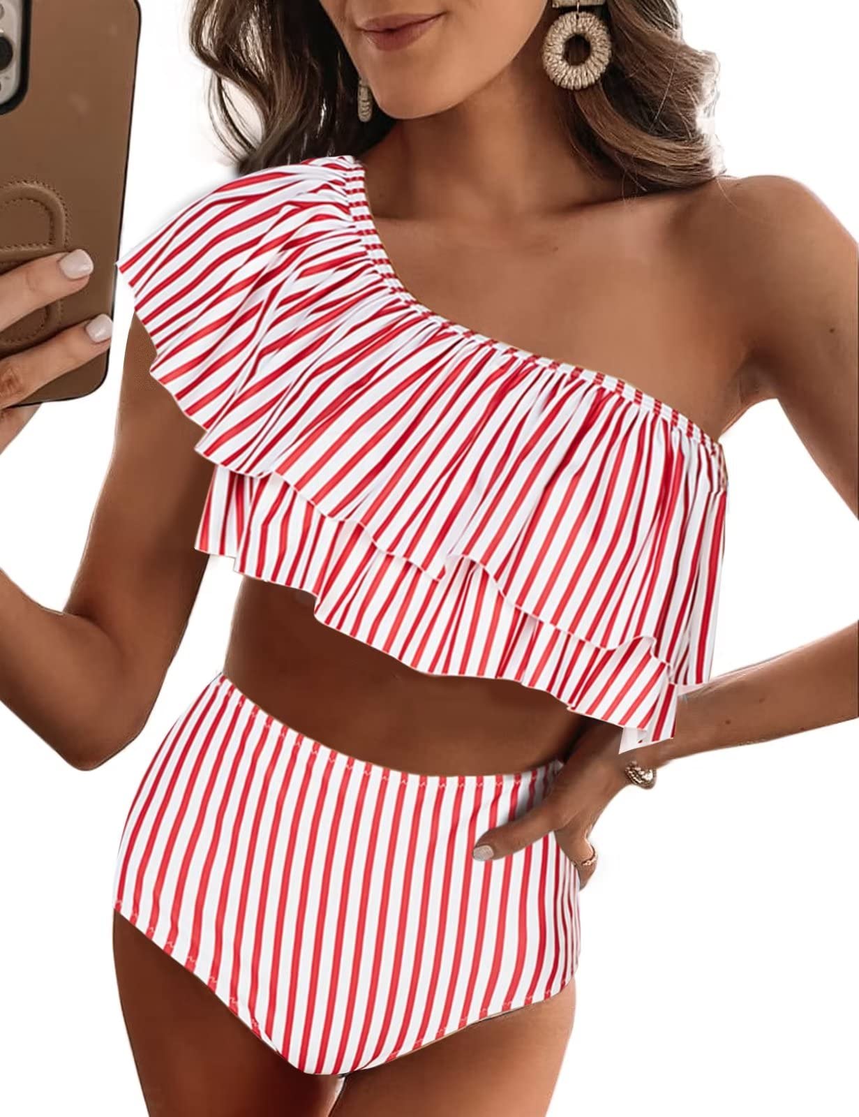 vimpunec ruffle one shoulder swimsuits for women cute high waisted two piece bathing suits