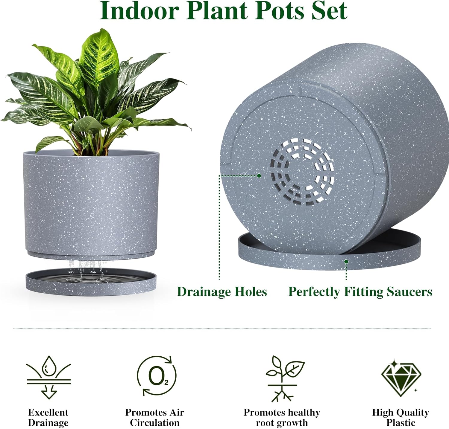 Plant Pots, 10/9/8 Inch 3 Pack Cylindrical Flower Pots with Drainage Holes and Saucers, Plastic Planters for Outdoor Indoor Plants,Grey with White Speckles